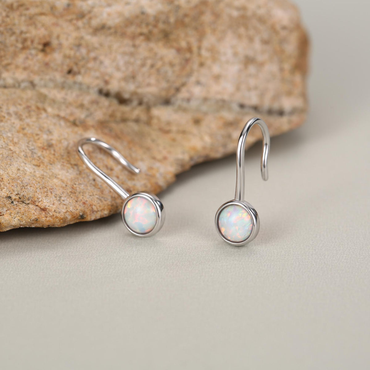 Sterling Silver White Opal Drop Earrings in Sterling Silver, Round Fire Opal Hook Earrings, Delicate Opal Earrings, Lab Opal