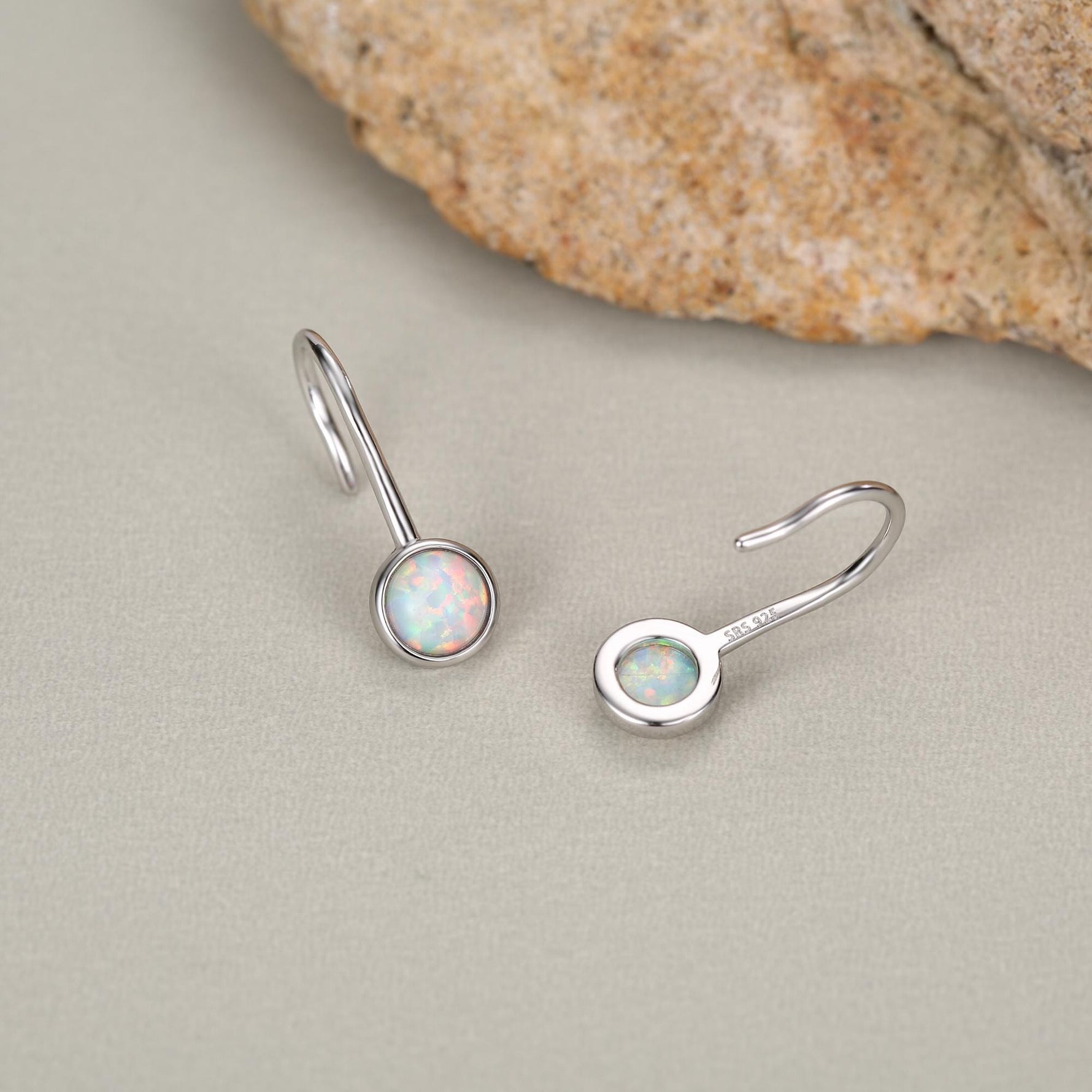 Sterling Silver White Opal Drop Earrings in Sterling Silver, Round Fire Opal Hook Earrings, Delicate Opal Earrings, Lab Opal