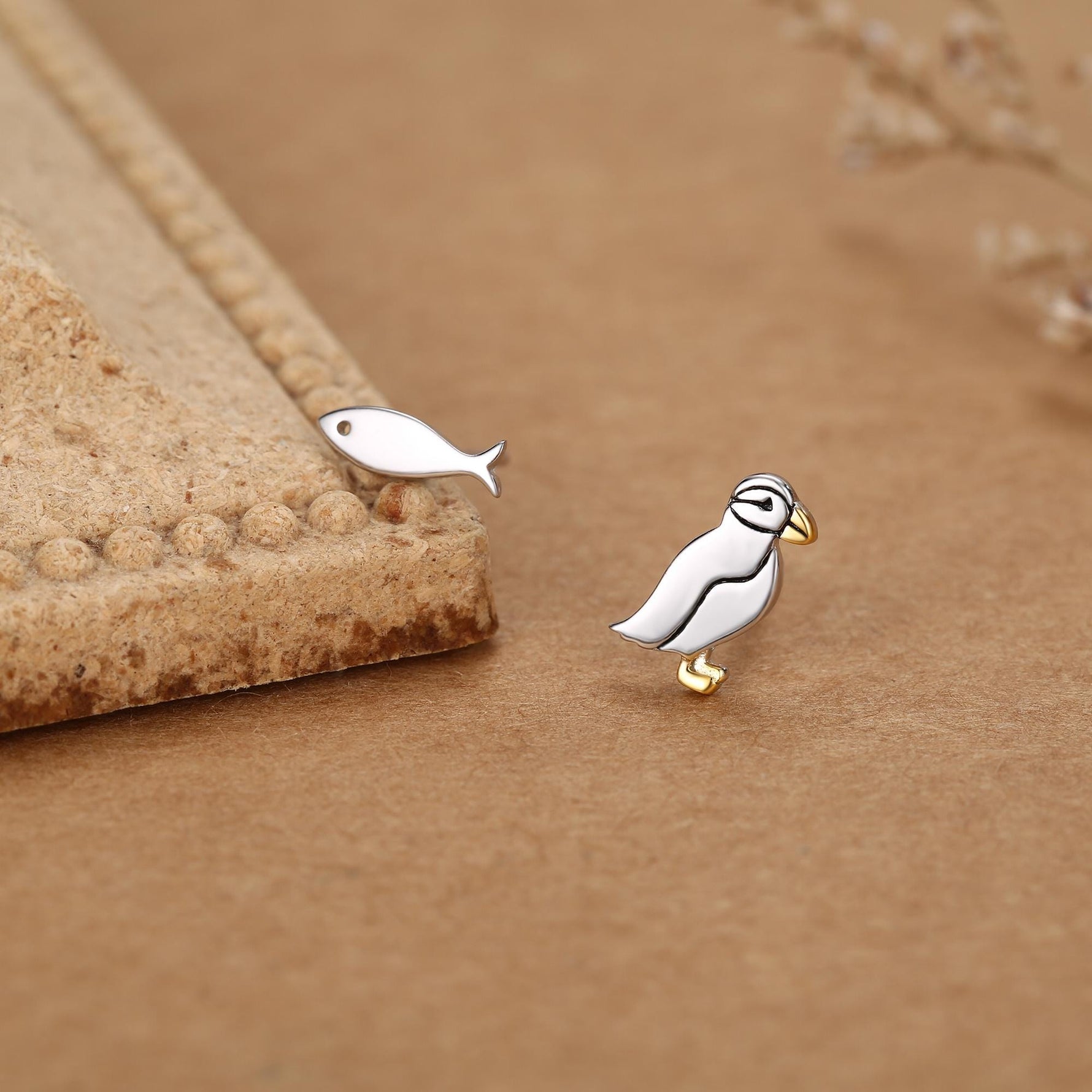 Mismatched Puffin Bird and Fish Stud Earrings in Sterling Silver, Asymmetric Bird and Fish Earrings