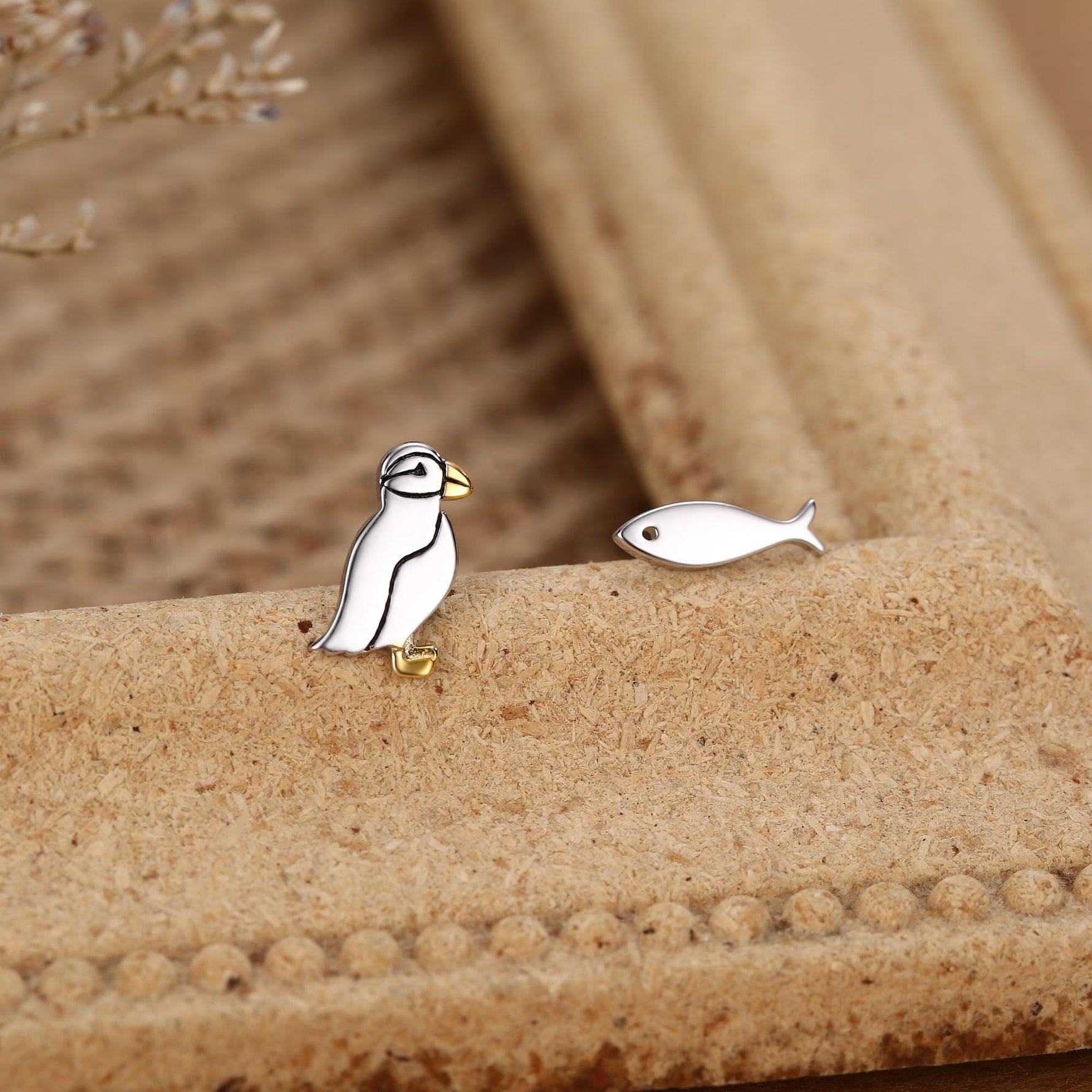 Mismatched Puffin Bird and Fish Stud Earrings in Sterling Silver, Asymmetric Bird and Fish Earrings
