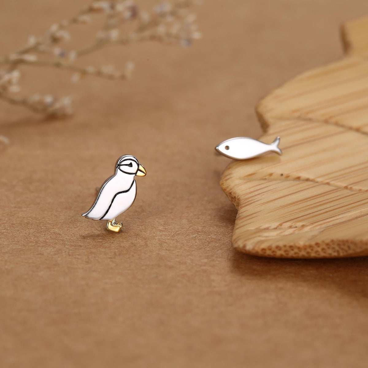 Mismatched Puffin Bird and Fish Stud Earrings in Sterling Silver, Asymmetric Bird and Fish Earrings