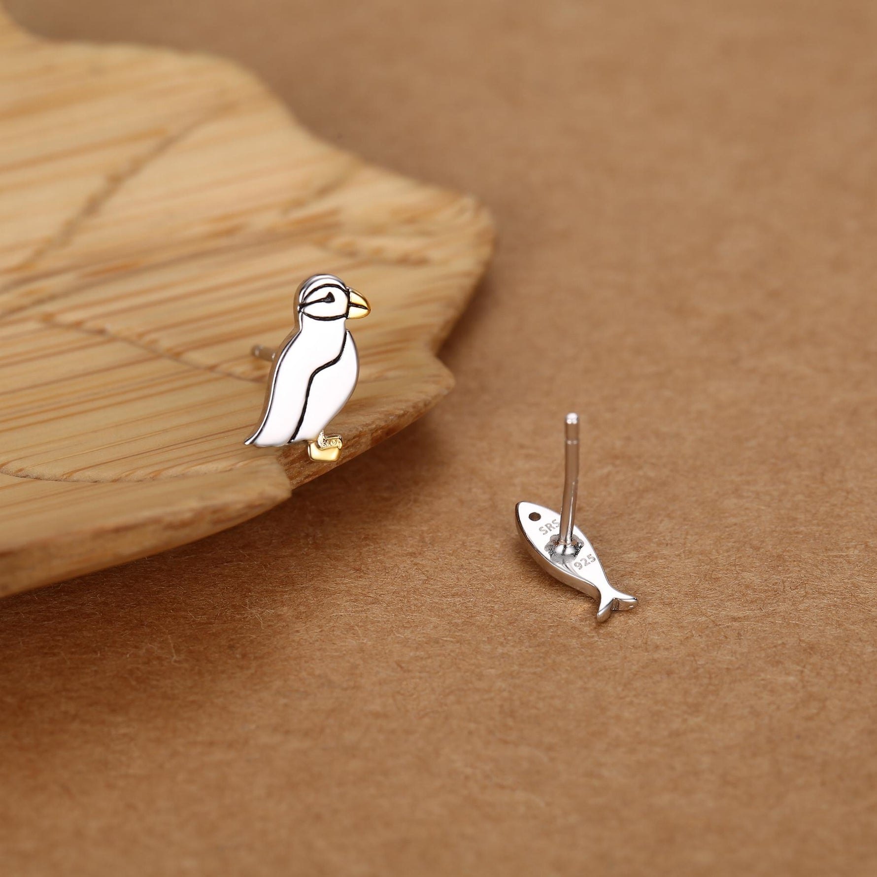 Mismatched Puffin Bird and Fish Stud Earrings in Sterling Silver, Asymmetric Bird and Fish Earrings