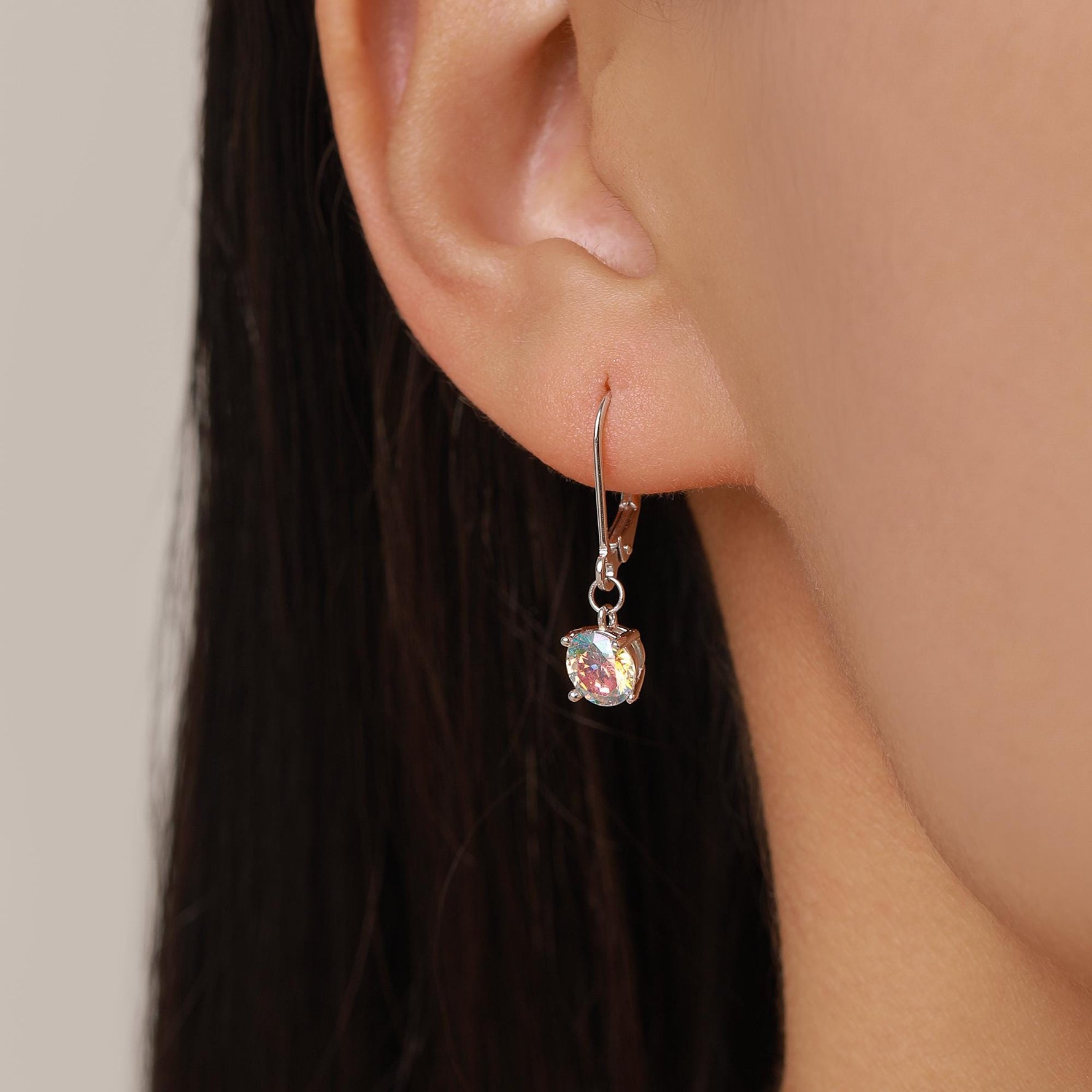 Aurora AB CZ Lever Back Hoop in Sterling Silver, 2 Sizes Available, 6mm or 6.5mm, Minimalist Simple AB Crystal Leverback Hoop Earrings