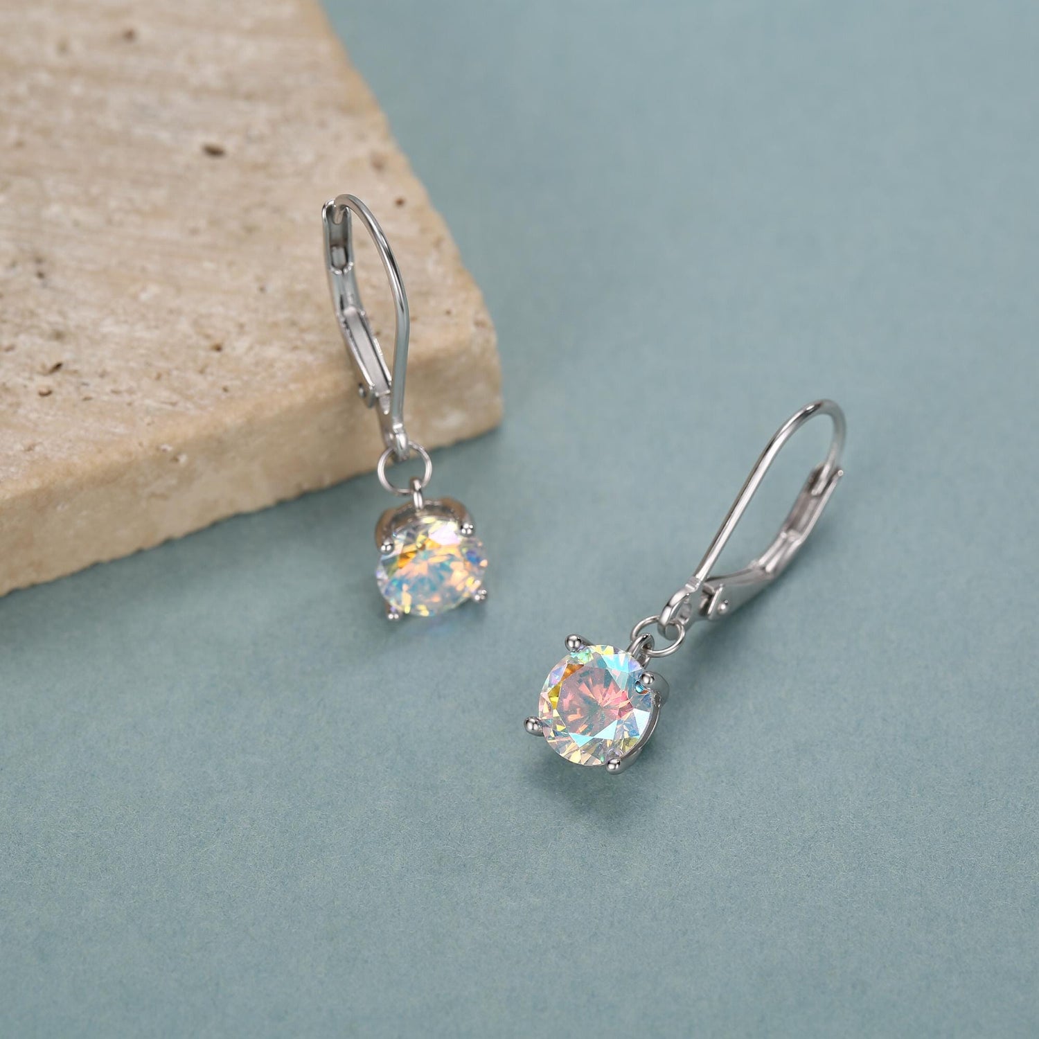 Aurora AB CZ Lever Back Hoop in Sterling Silver, 2 Sizes Available, 6mm or 6.5mm, Minimalist Simple AB Crystal Leverback Hoop Earrings