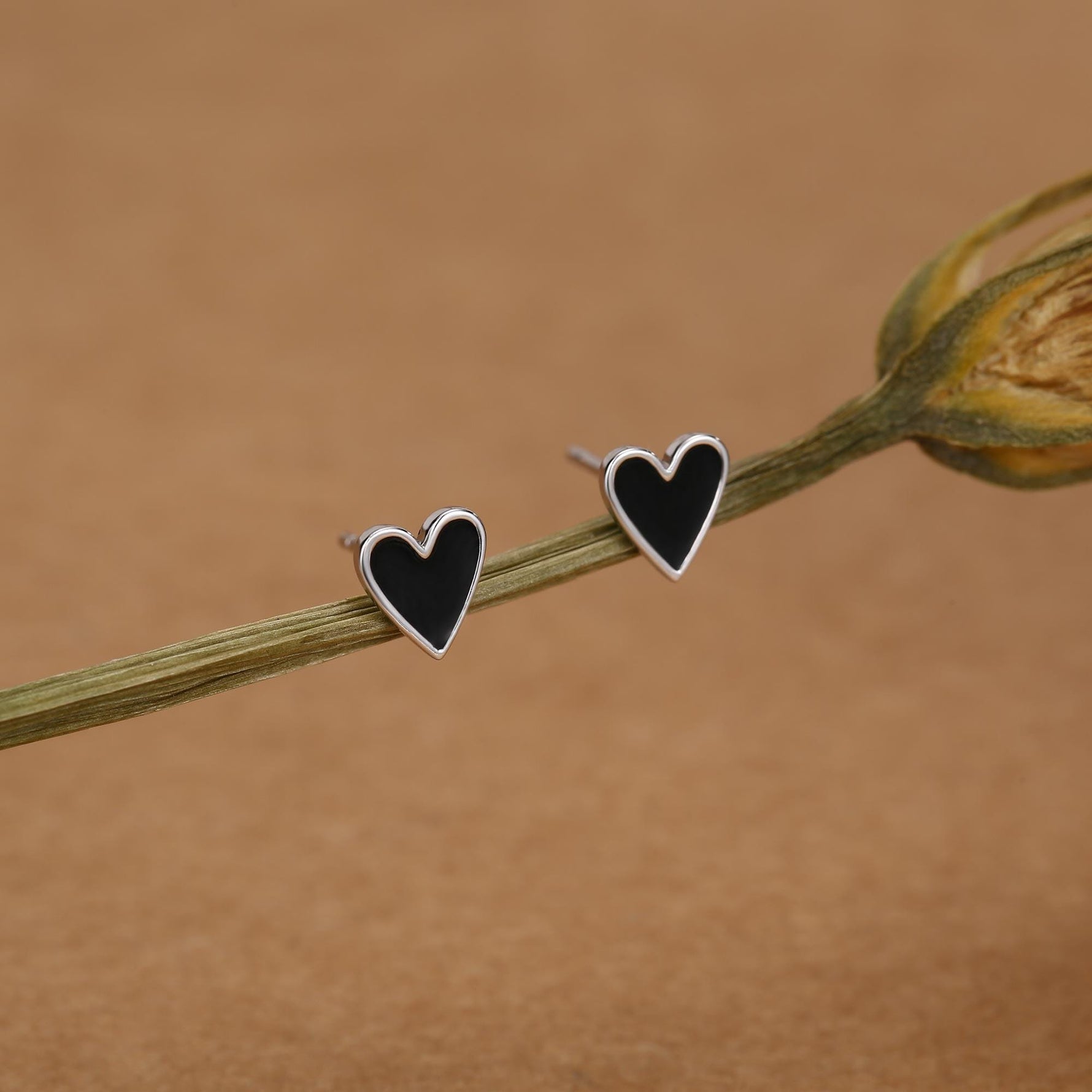 Sterling Silver Enamel Black Heart Stud Earrings
