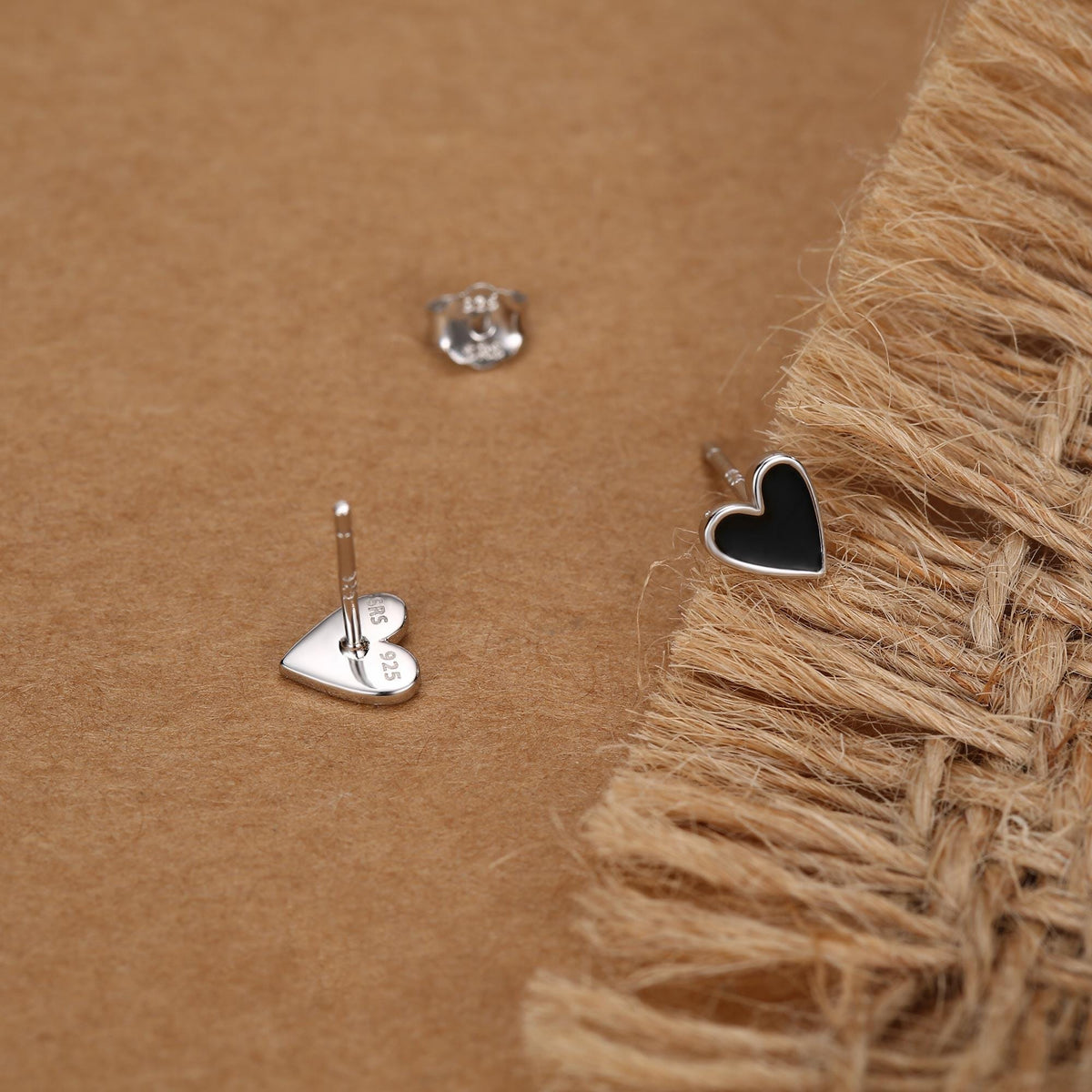 Sterling Silver Enamel Black Heart Stud Earrings
