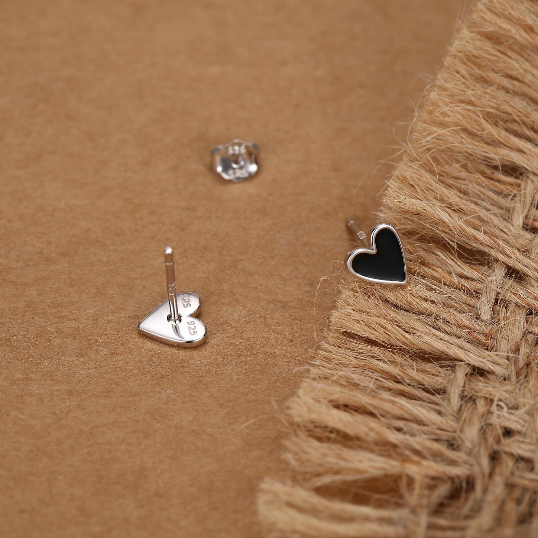 Sterling Silver Enamel Black Heart Stud Earrings