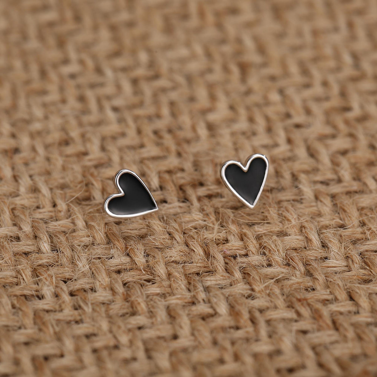 Sterling Silver Enamel Black Heart Stud Earrings