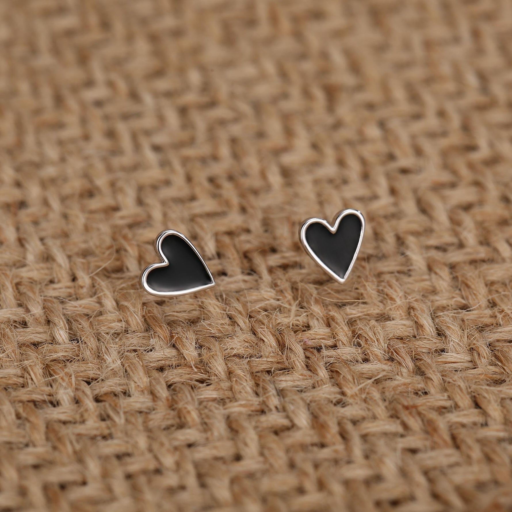 Sterling Silver Enamel Black Heart Stud Earrings