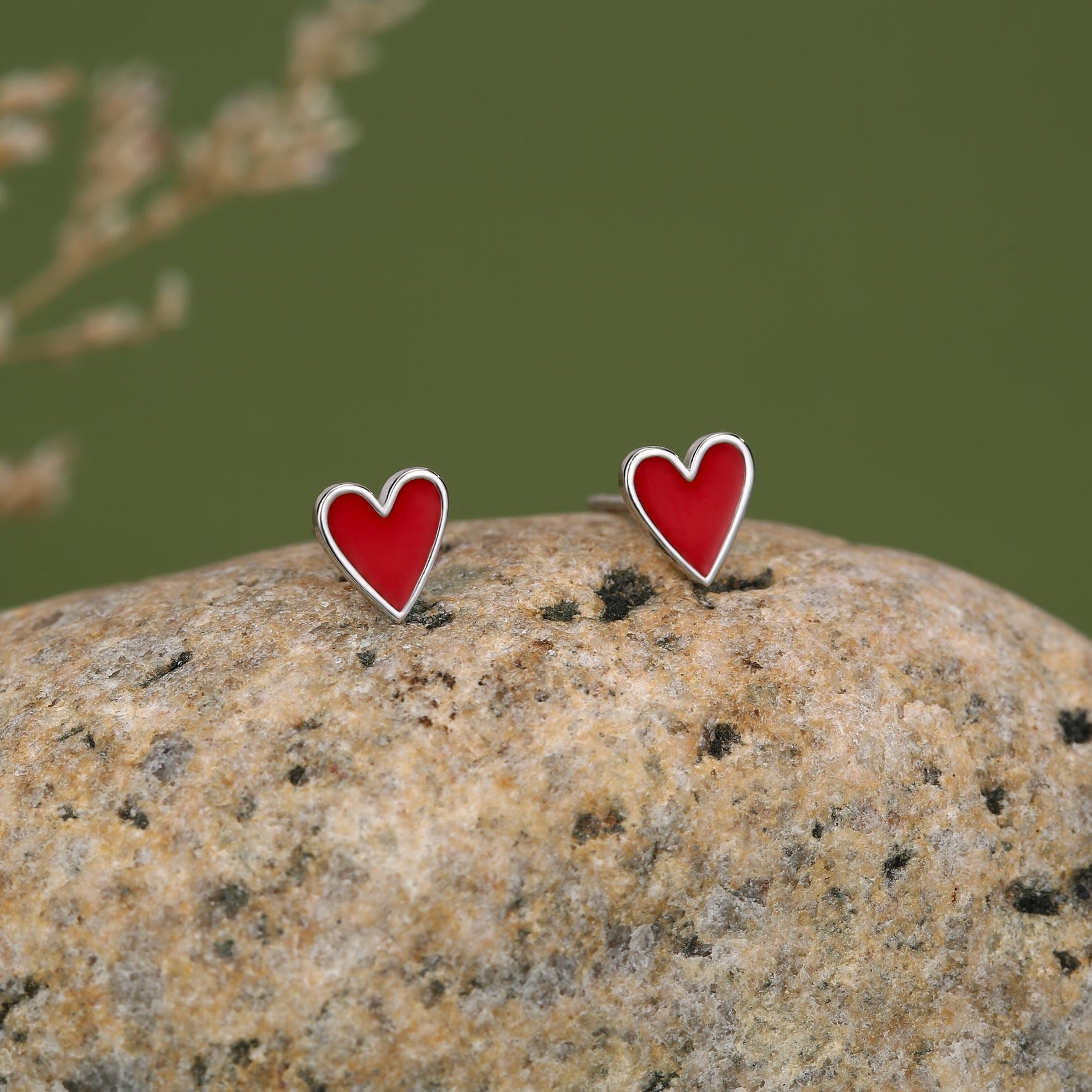 Sterling Silver Red Enamel Heart Stud Earrings