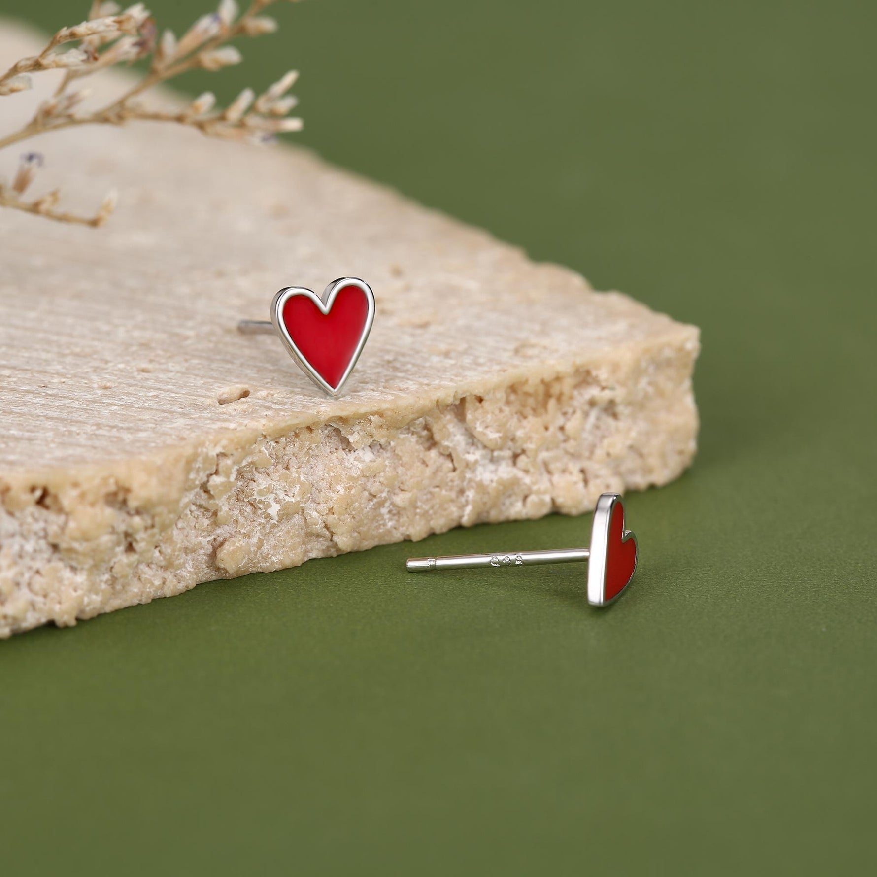 Sterling Silver Red Enamel Heart Stud Earrings