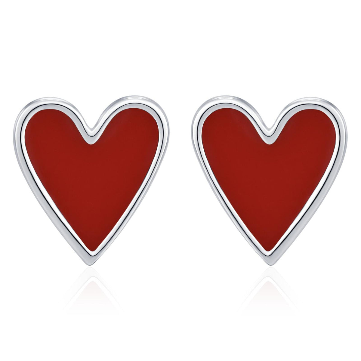 Sterling Silver Red Enamel Heart Stud Earrings