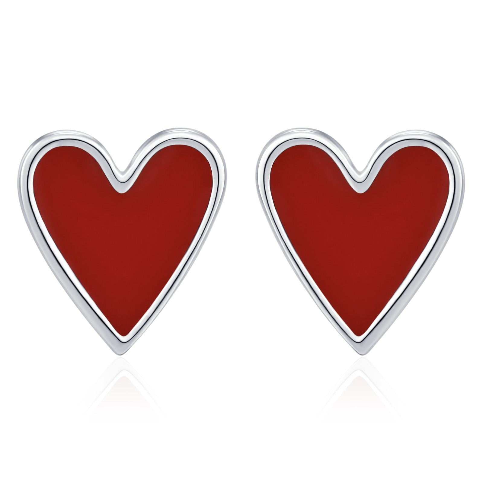 Sterling Silver Red Enamel Heart Stud Earrings