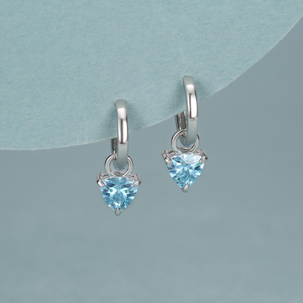 Sterling Silver Aquamarine Blue Trillion Cut CZ Hoop Earrings, Silver, Gold, Triangle Dangle Hoop Earrings, Interchangeable Charm