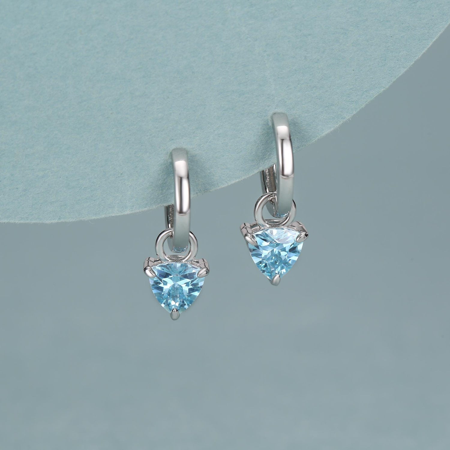 Sterling Silver Aquamarine Blue Trillion Cut CZ Hoop Earrings, Silver, Gold, Triangle Dangle Hoop Earrings, Interchangeable Charm