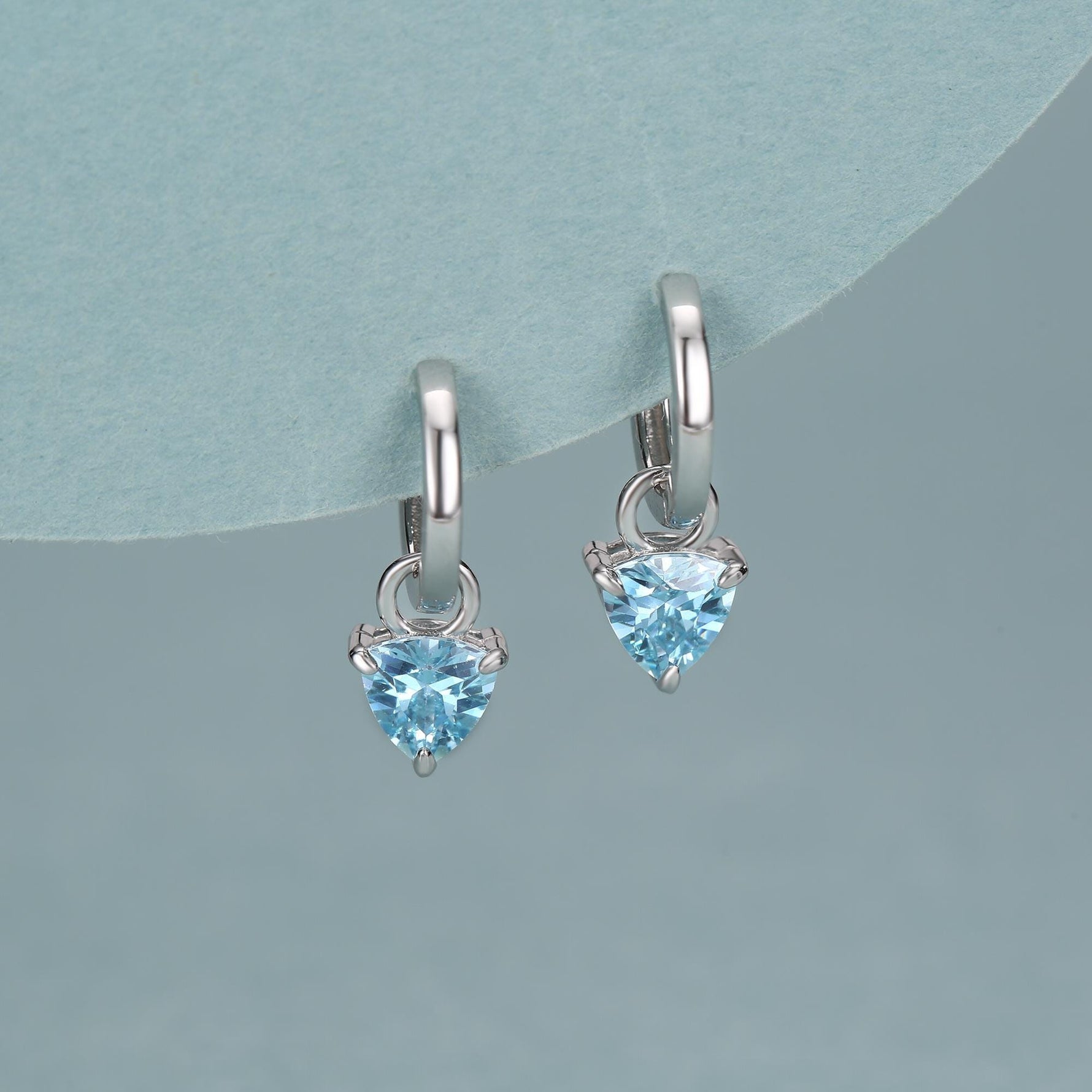 Sterling Silver Aquamarine Blue Trillion Cut CZ Hoop Earrings, Silver, Gold, Triangle Dangle Hoop Earrings, Interchangeable Charm