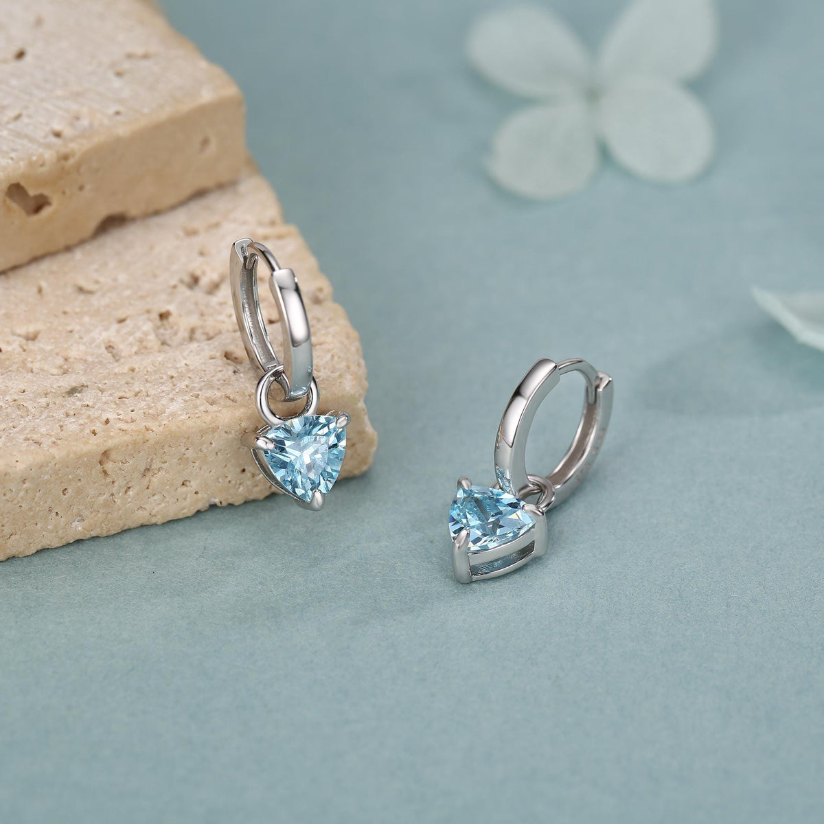 Sterling Silver Aquamarine Blue Trillion Cut CZ Hoop Earrings, Silver, Gold, Triangle Dangle Hoop Earrings, Interchangeable Charm