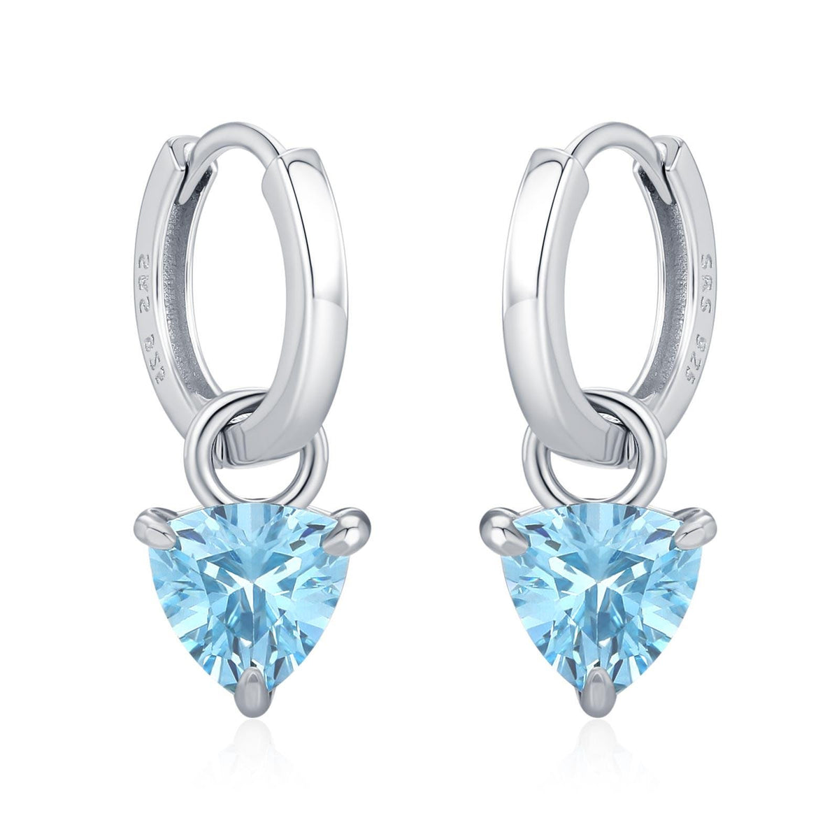Sterling Silver Aquamarine Blue Trillion Cut CZ Hoop Earrings, Silver, Gold, Triangle Dangle Hoop Earrings, Interchangeable Charm