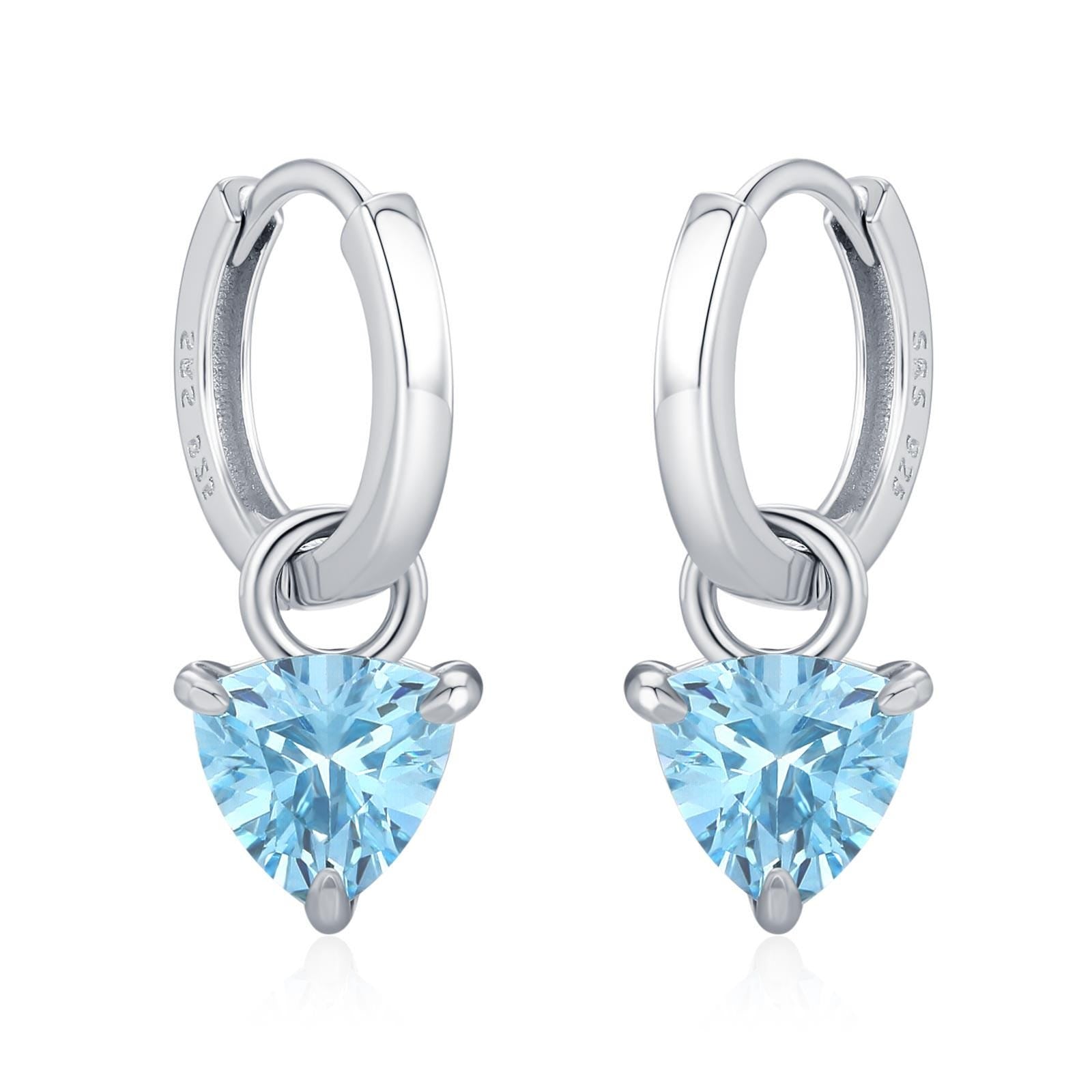 Sterling Silver Aquamarine Blue Trillion Cut CZ Hoop Earrings, Silver, Gold, Triangle Dangle Hoop Earrings, Interchangeable Charm