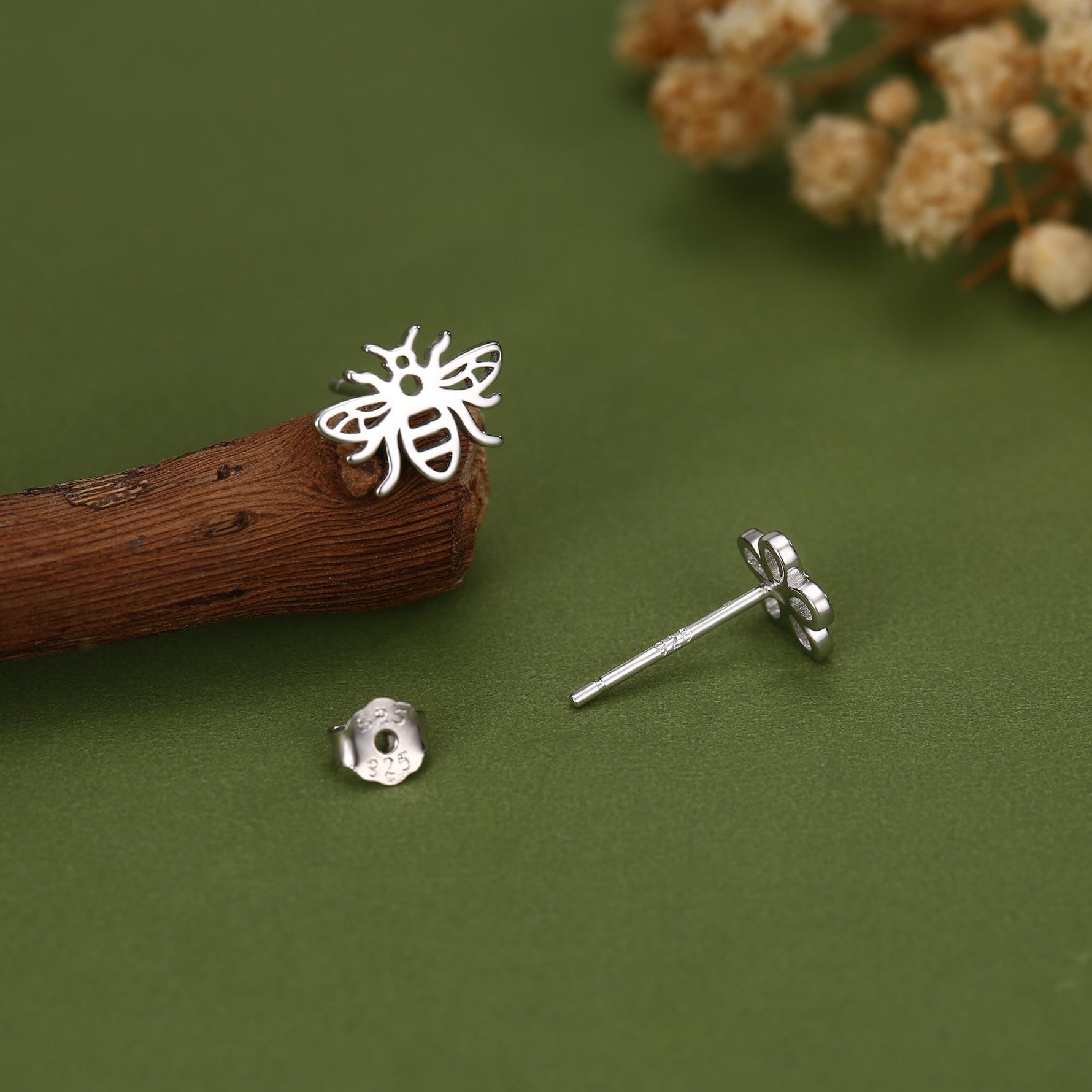 Mismatched Bee and Flower Stud Earrings in Sterling Silver, Asymmetric Bee and Flower Earrings