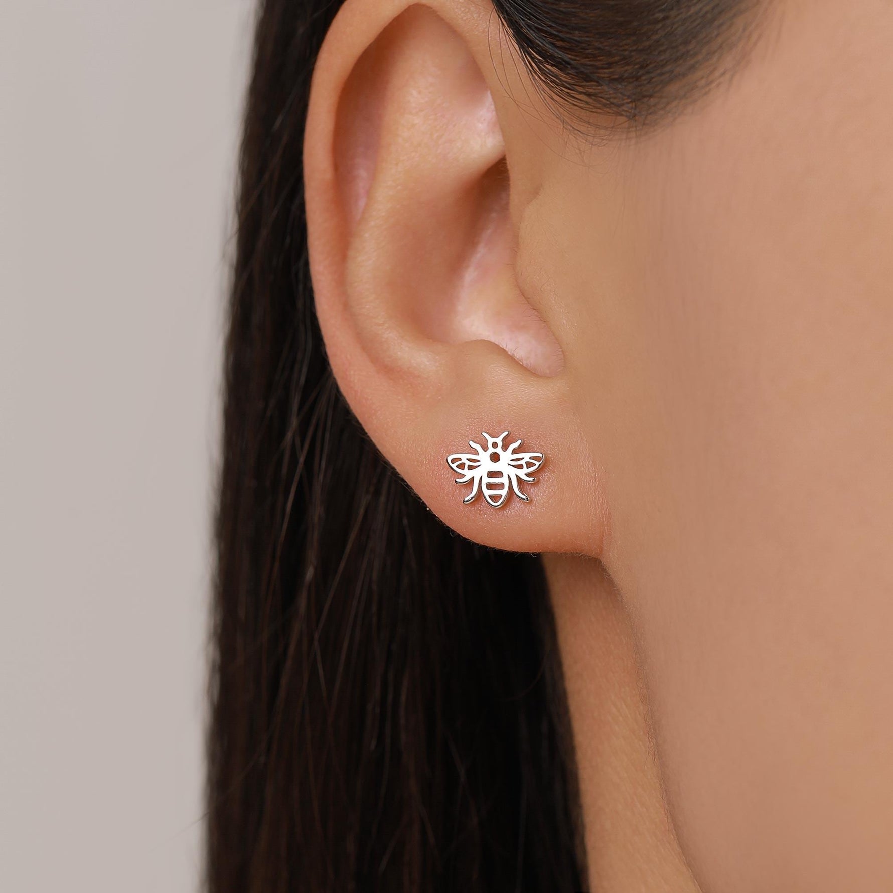 Mismatched Bee and Flower Stud Earrings in Sterling Silver, Asymmetric Bee and Flower Earrings