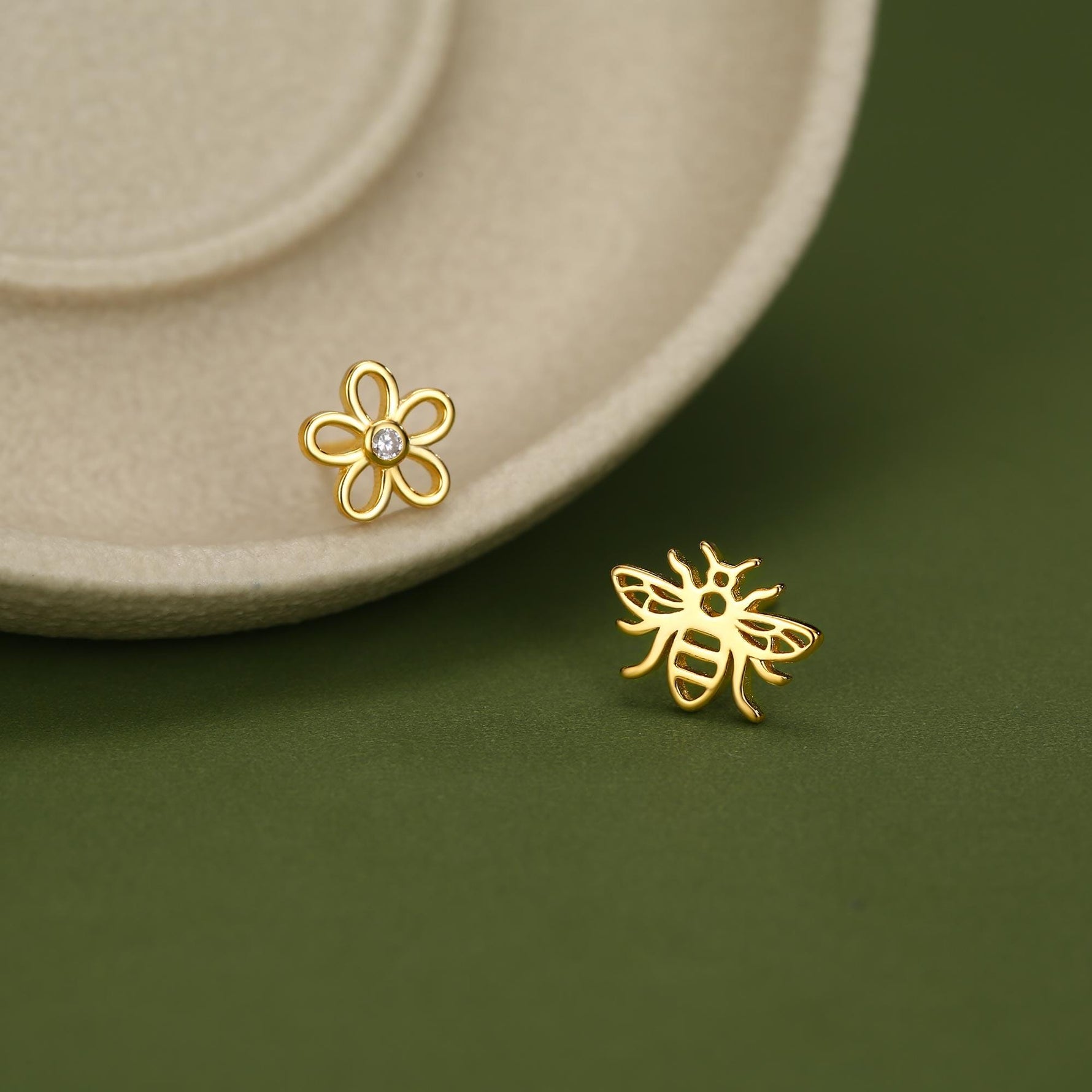 Mismatched Bee and Flower Stud Earrings in Sterling Silver, Asymmetric Bee and Flower Earrings