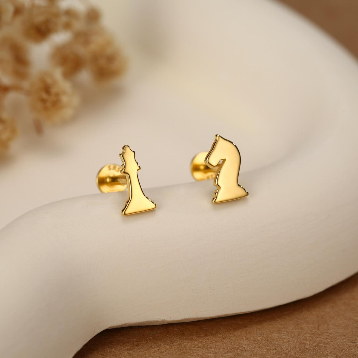 Sterling Silver Chess Knight and Queen 16G Flat Back Earrings
