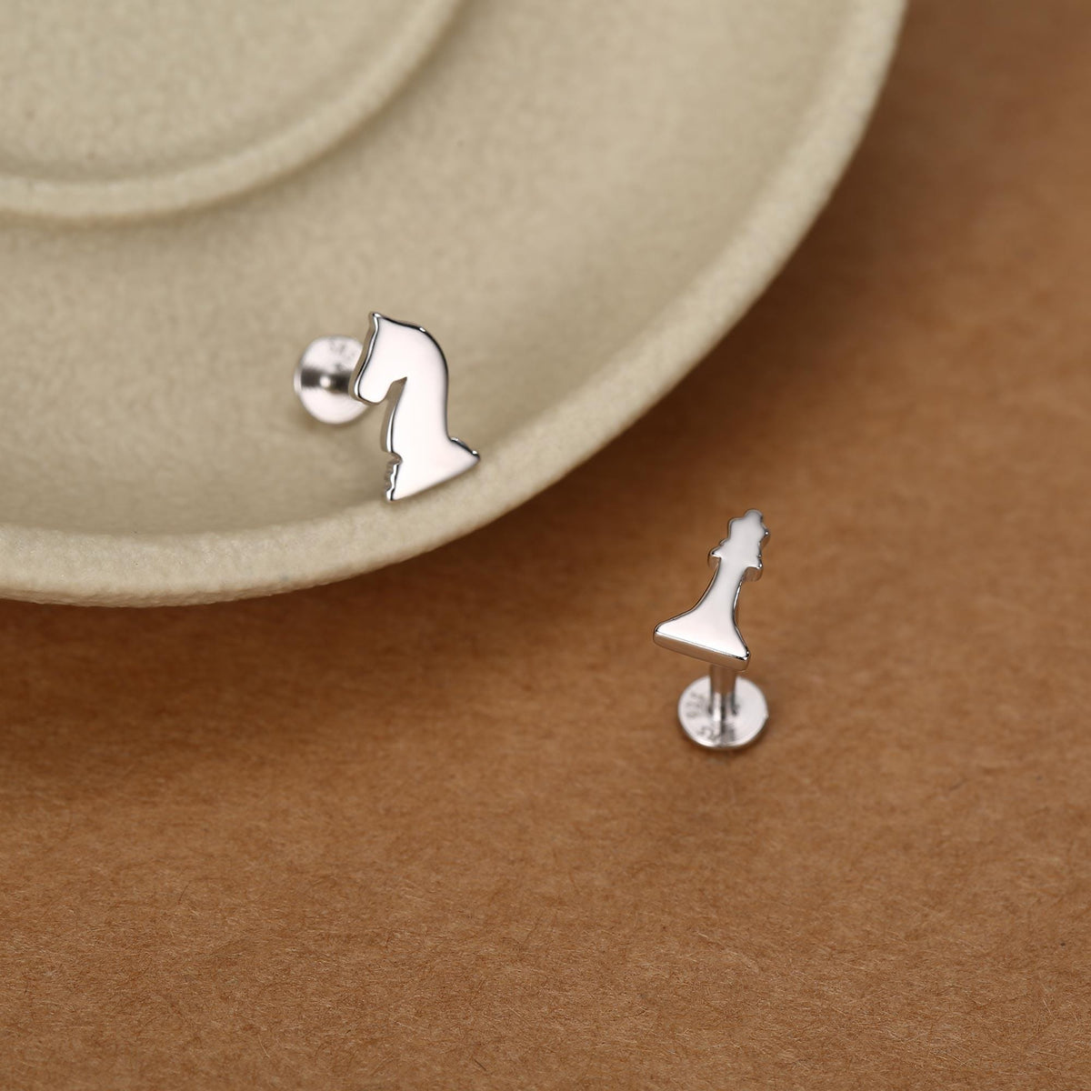 Sterling Silver Chess Knight and Queen 16G Flat Back Earrings