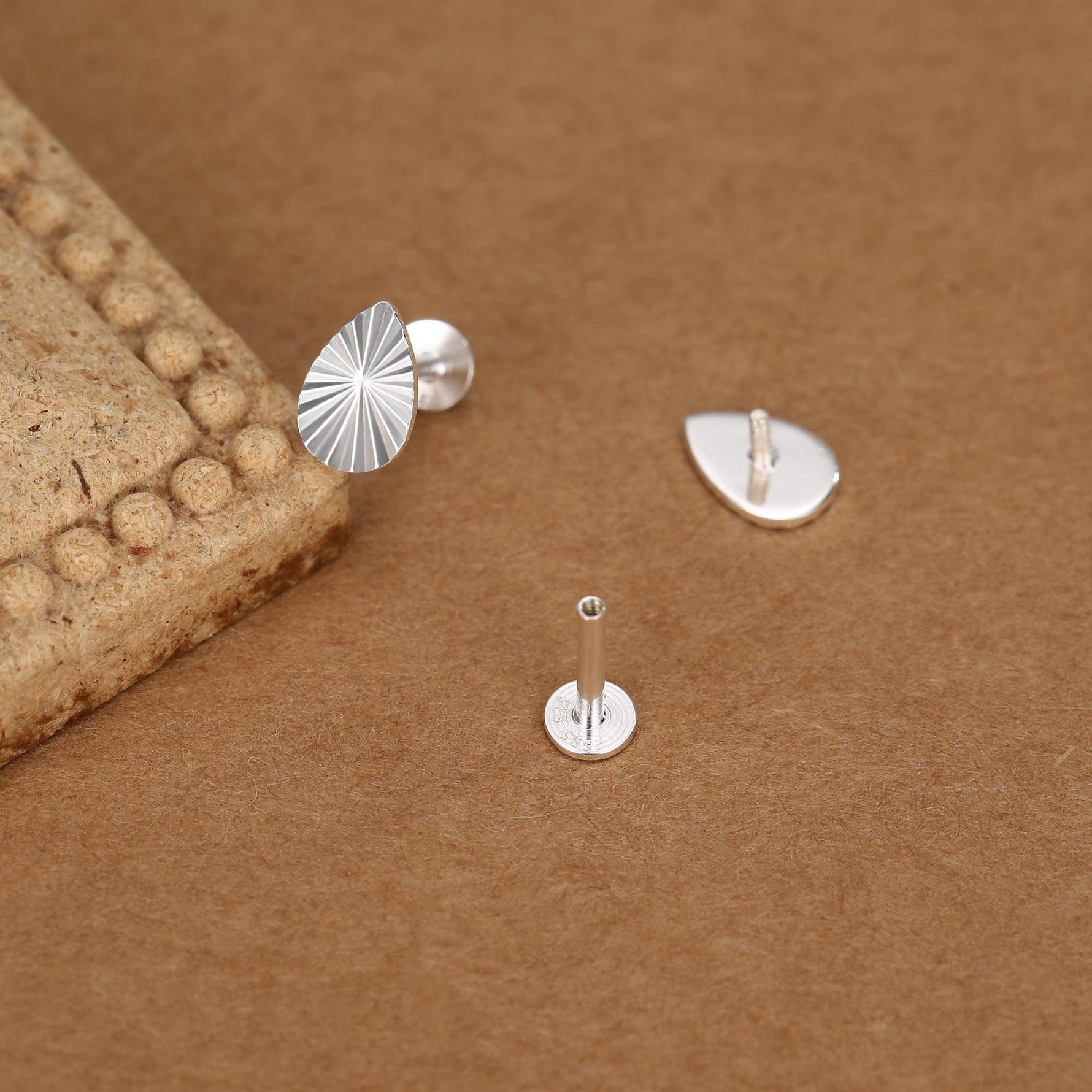 Sterling Silver Sunburst Teardrop 16G Flat Back Earrings