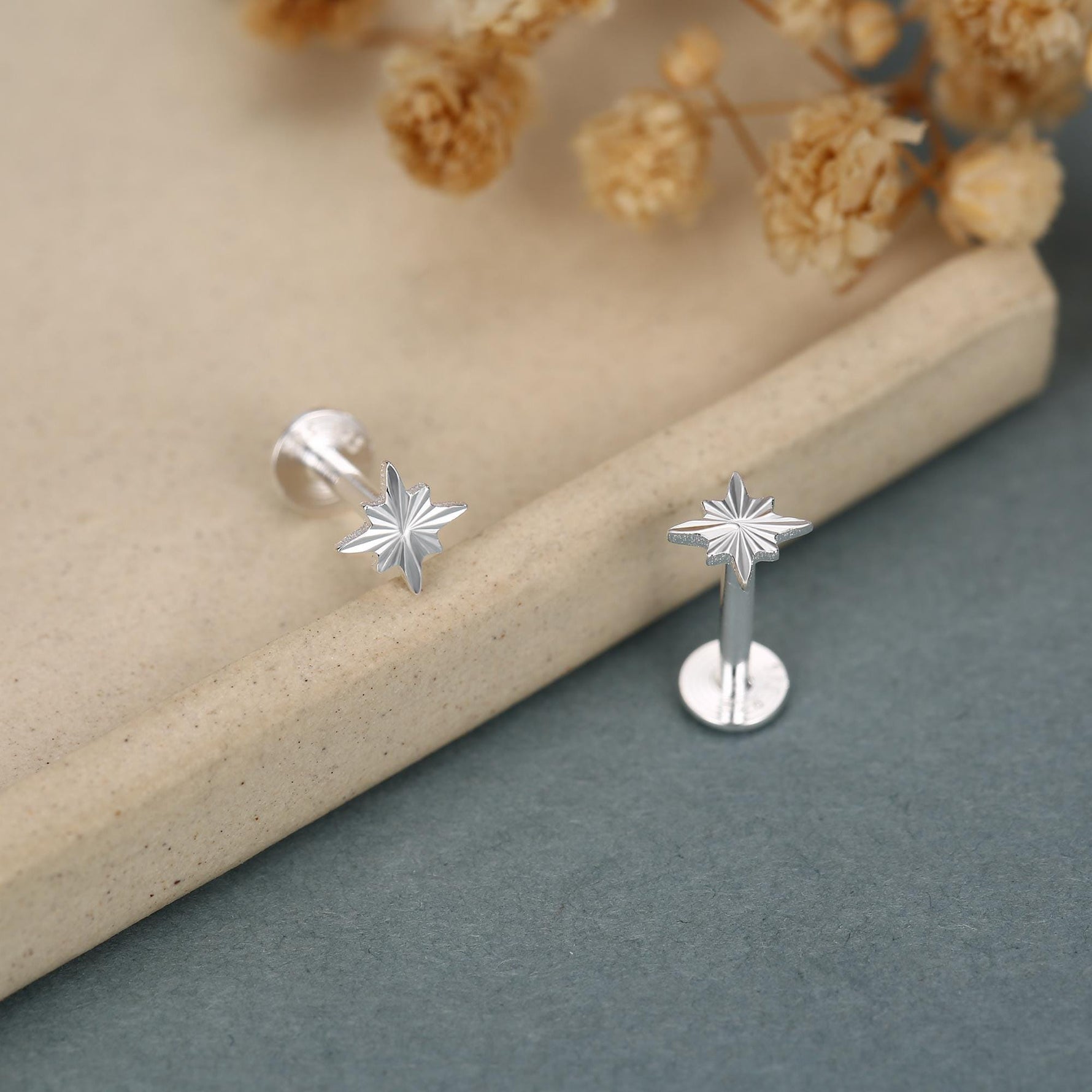 Sterling Silver Sunburst Star 16G Flat Back Earrings