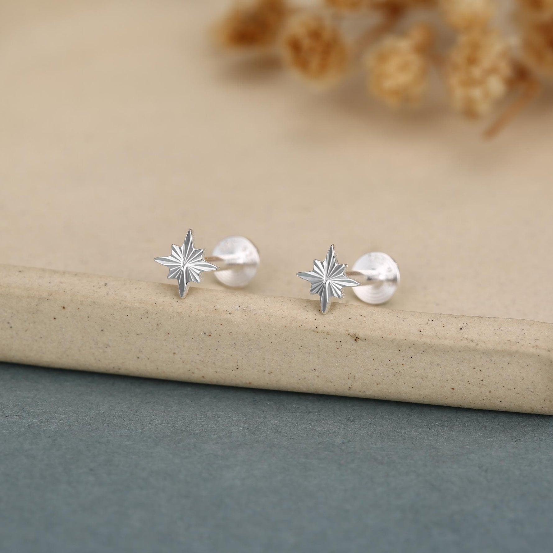 Sterling Silver Sunburst Star 16G Flat Back Earrings