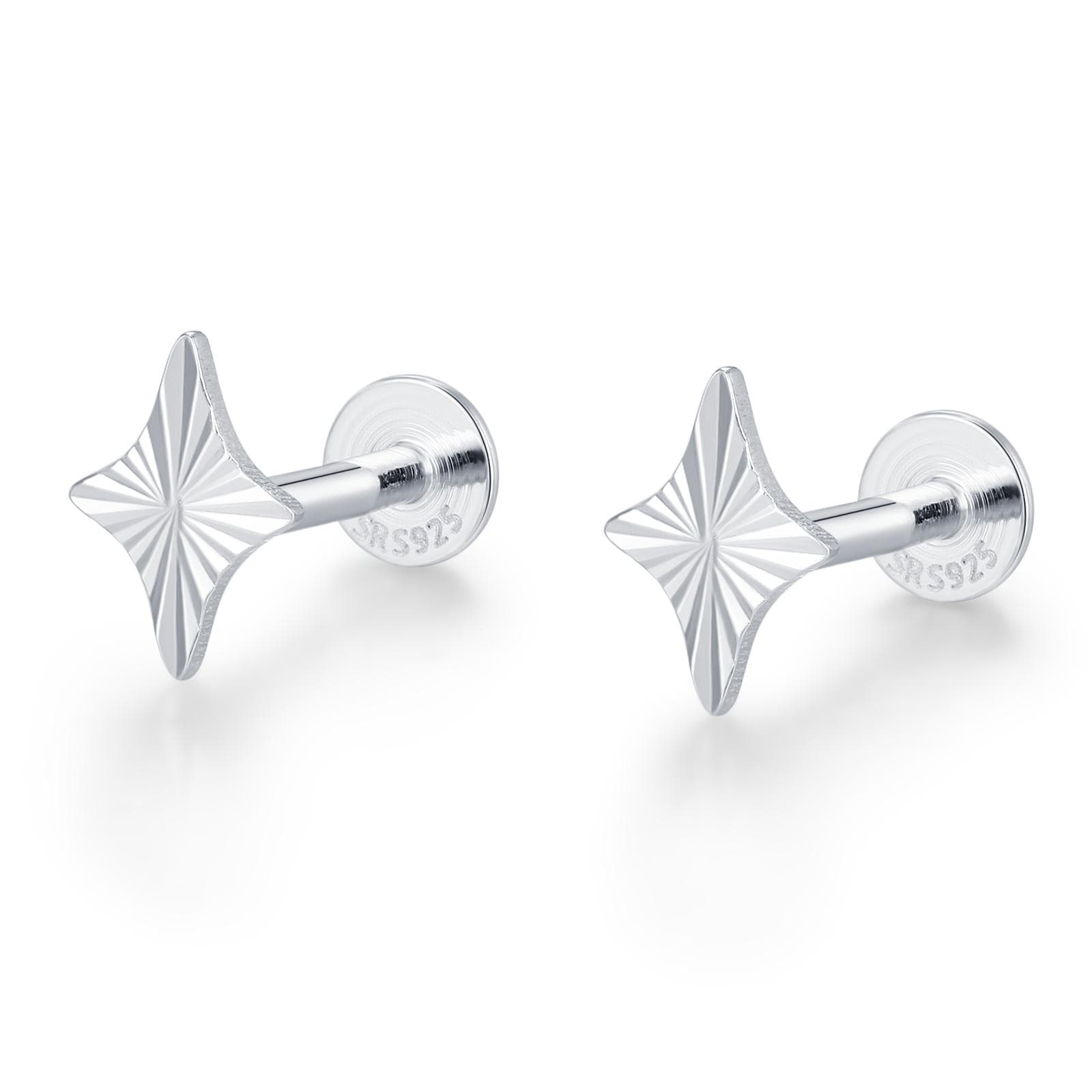 Sterling Silver Sunburst Rhombus Kite Star 16G Flat Back Earrings