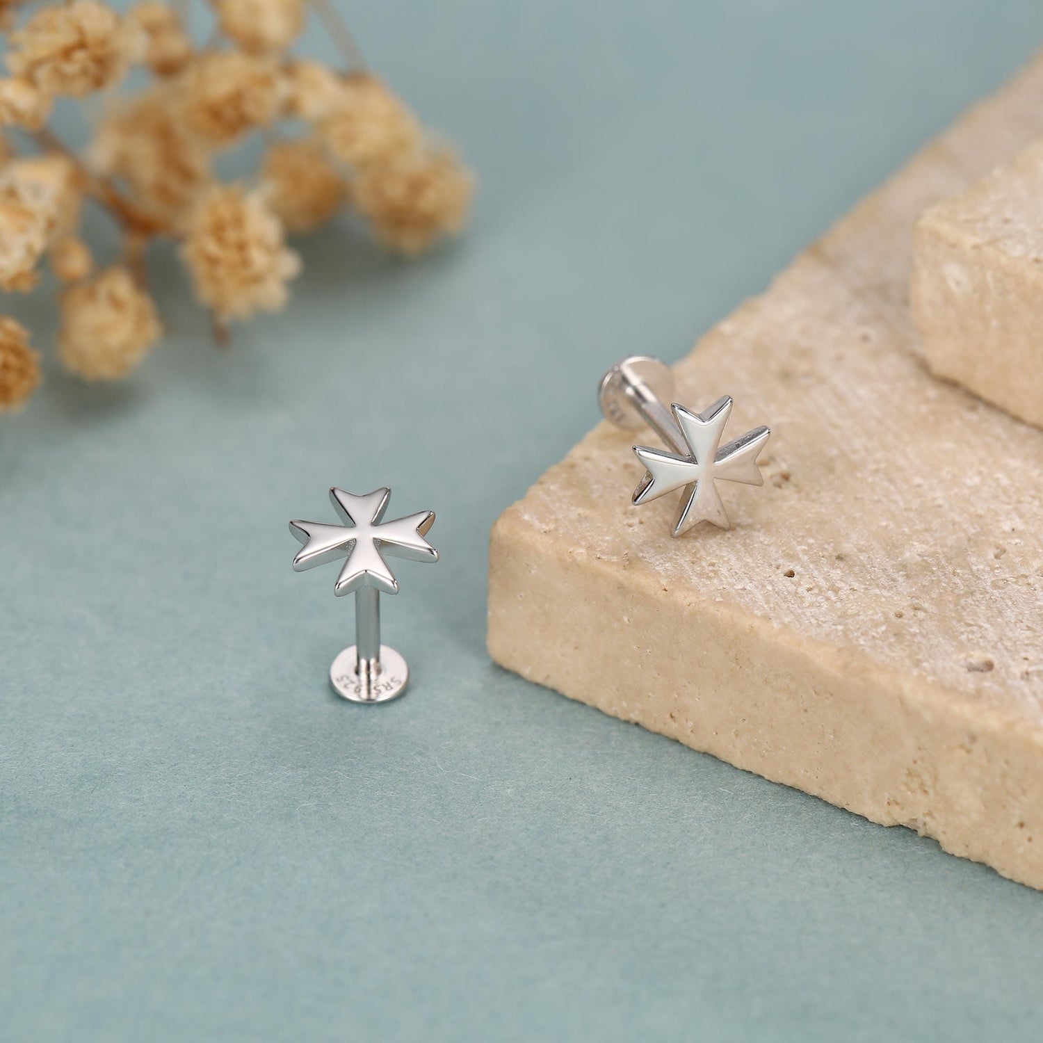 Sterling Silver Maltese Cross 16G Flat Back Earrings