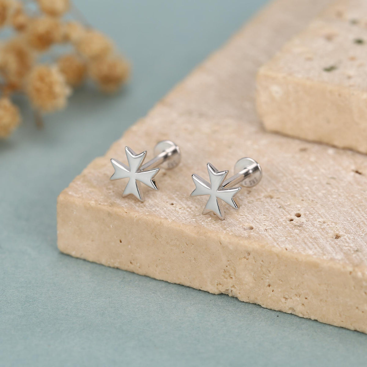 Sterling Silver Maltese Cross 16G Flat Back Earrings