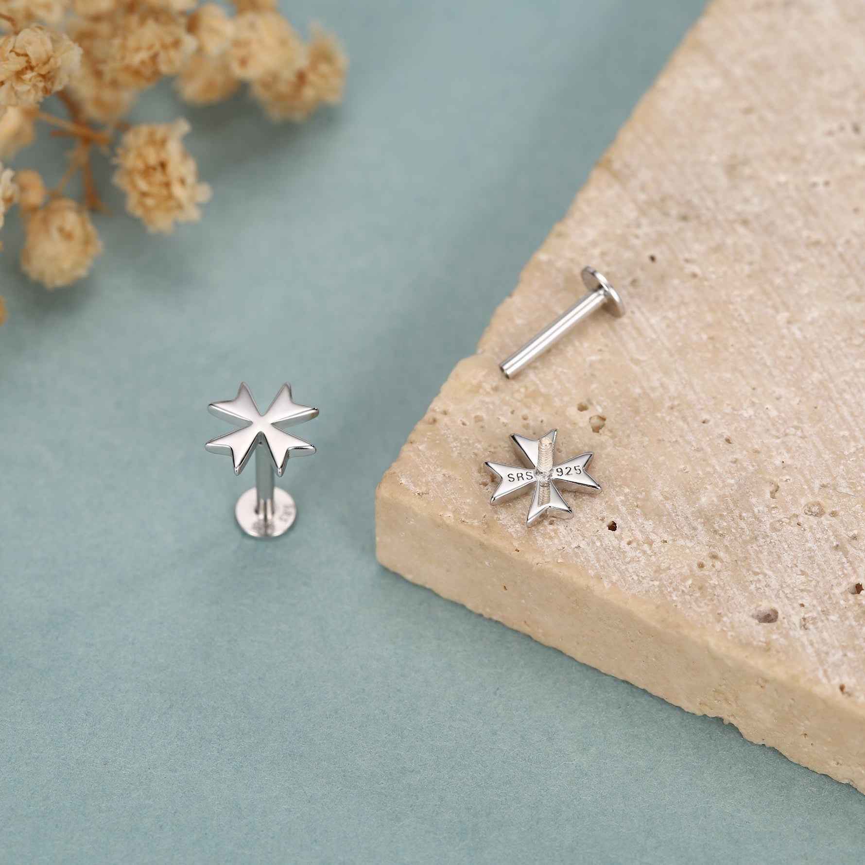 Sterling Silver Maltese Cross 16G Flat Back Earrings