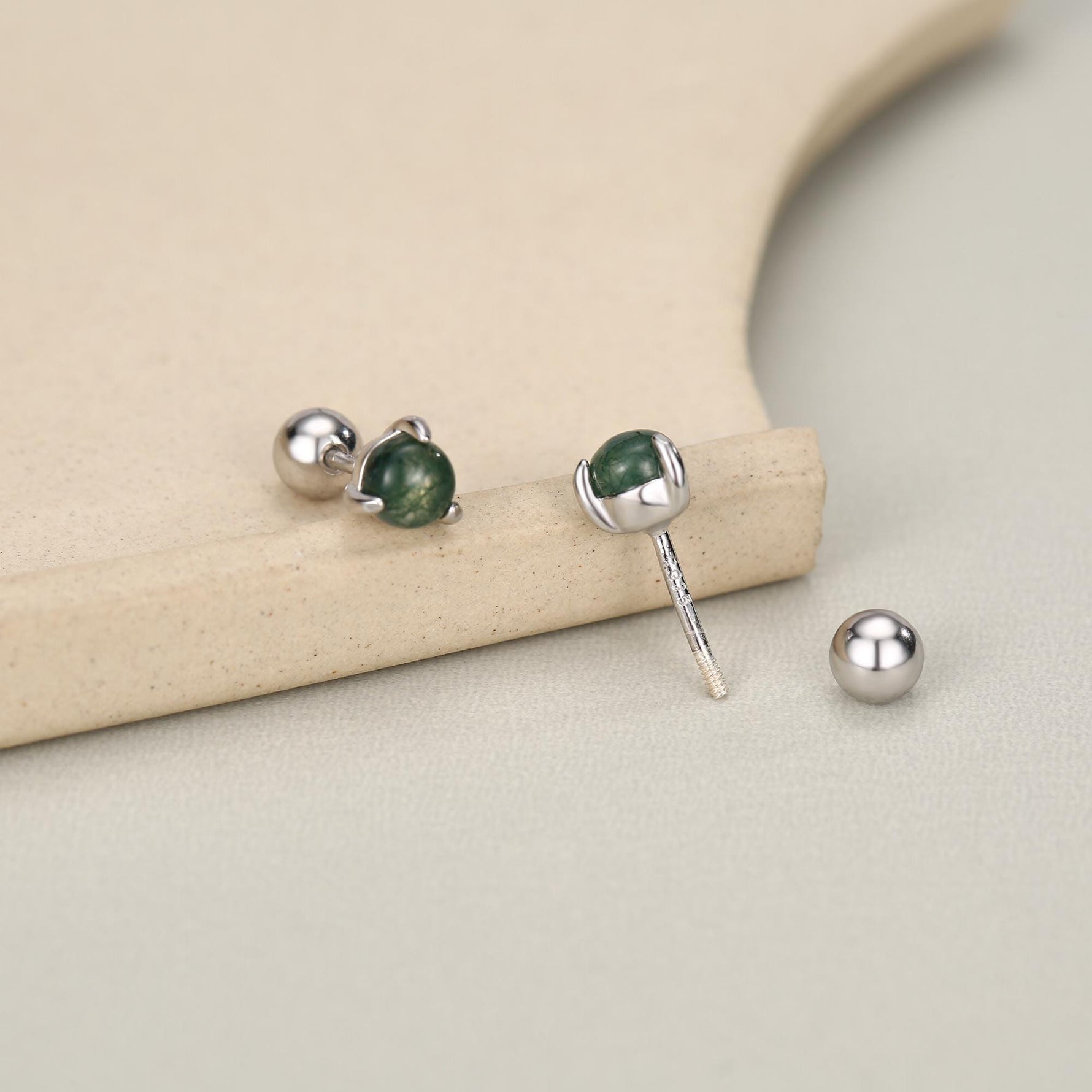 Sterling Silver Moss Agate 18G Screw Back Earrings