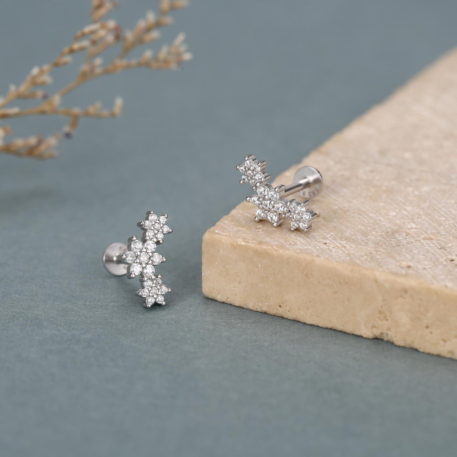 Sterling Silver CZ Snowflake Flower 16G Flat Back Earrings
