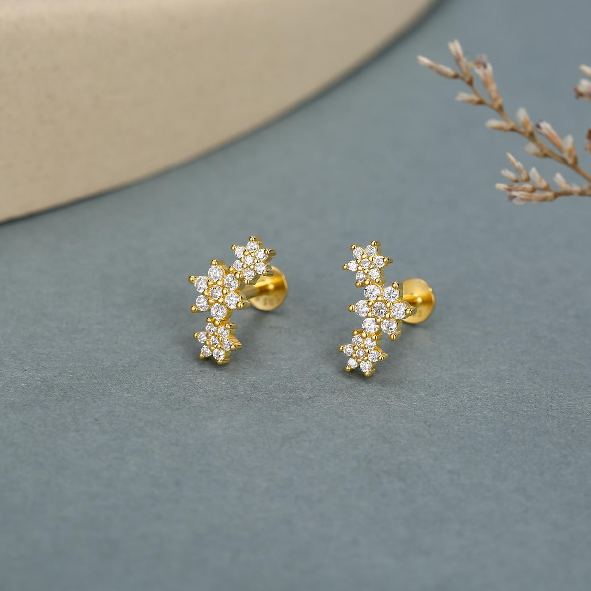 Sterling Silver CZ Snowflake Flower 16G Flat Back Earrings