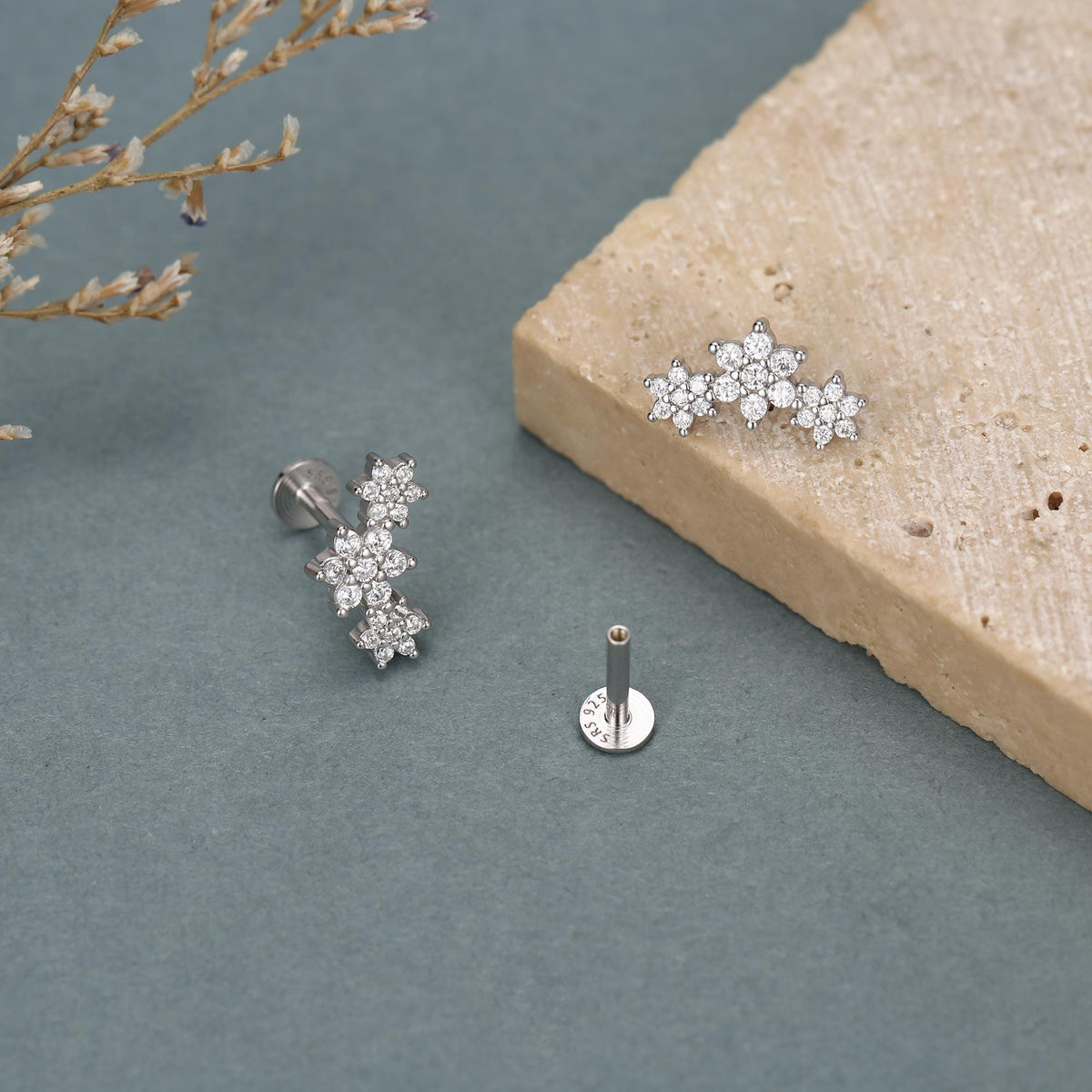 Sterling Silver CZ Snowflake Flower 16G Flat Back Earrings