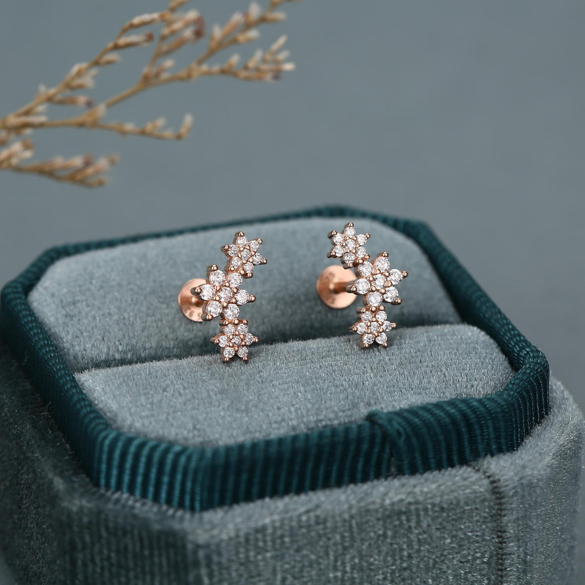Sterling Silver CZ Snowflake Flower 16G Flat Back Earrings