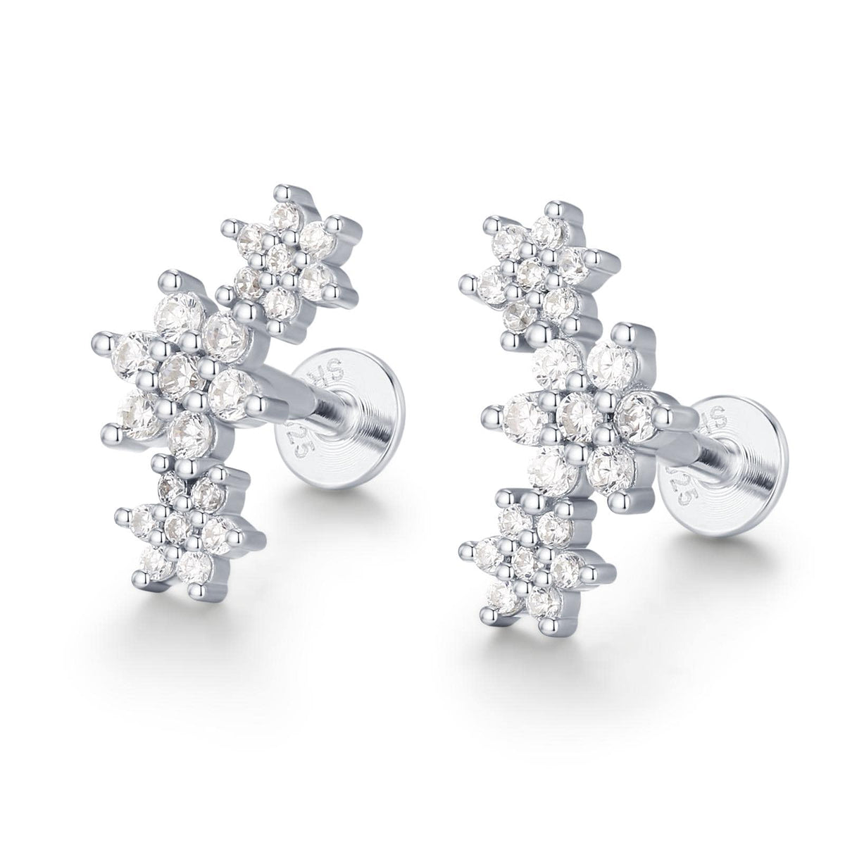 Sterling Silver CZ Snowflake Flower 16G Flat Back Earrings