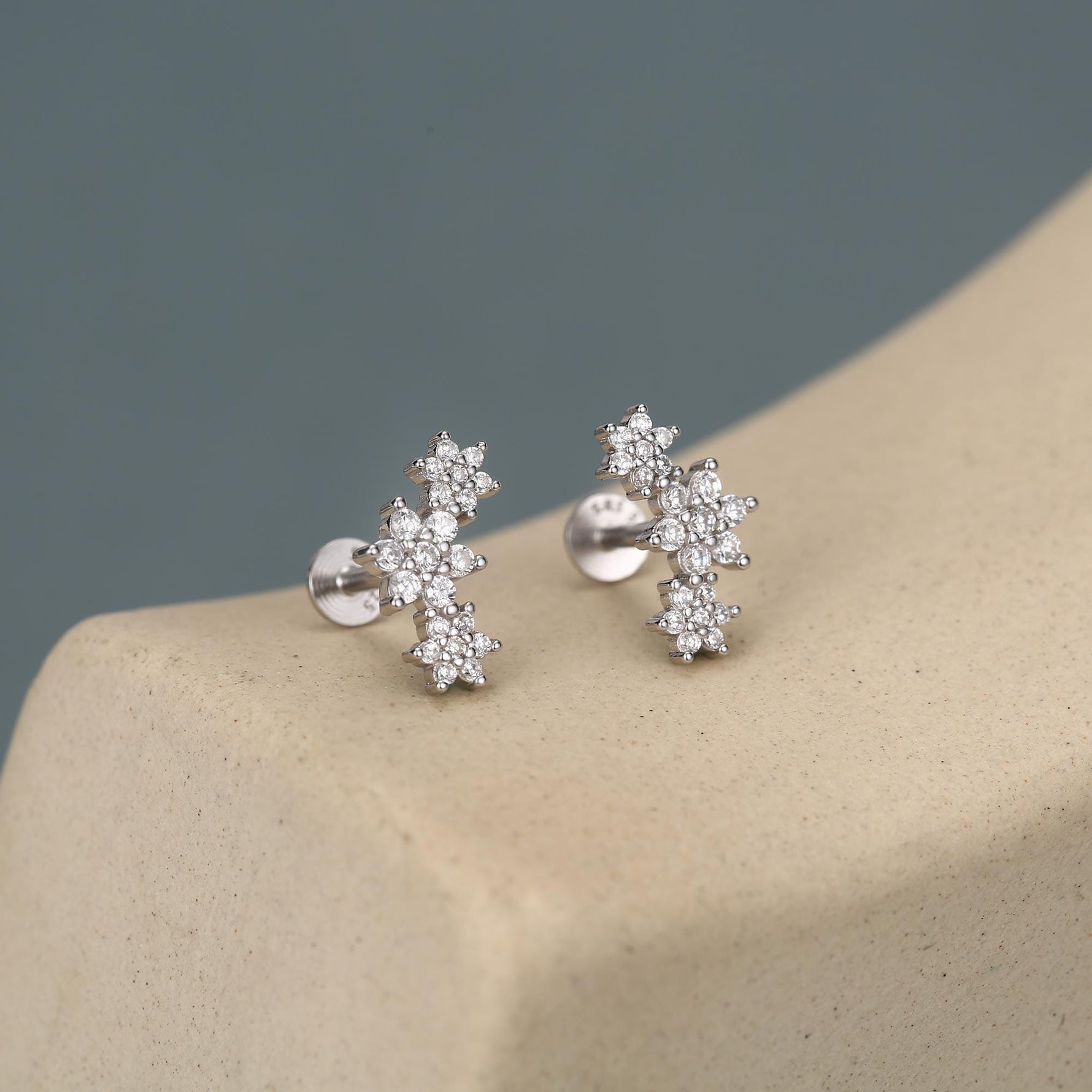 Sterling Silver CZ Snowflake Flower 16G Flat Back Earrings