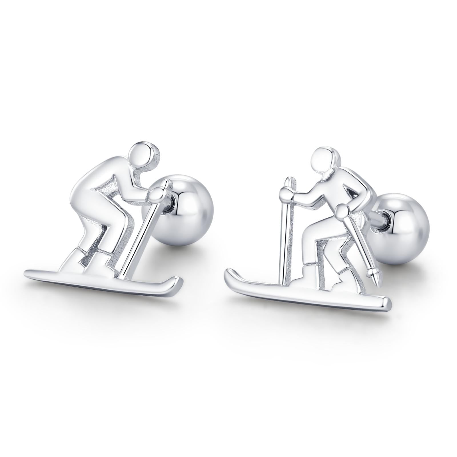 Sterling Silver Skier 18G Screw Back Earrings