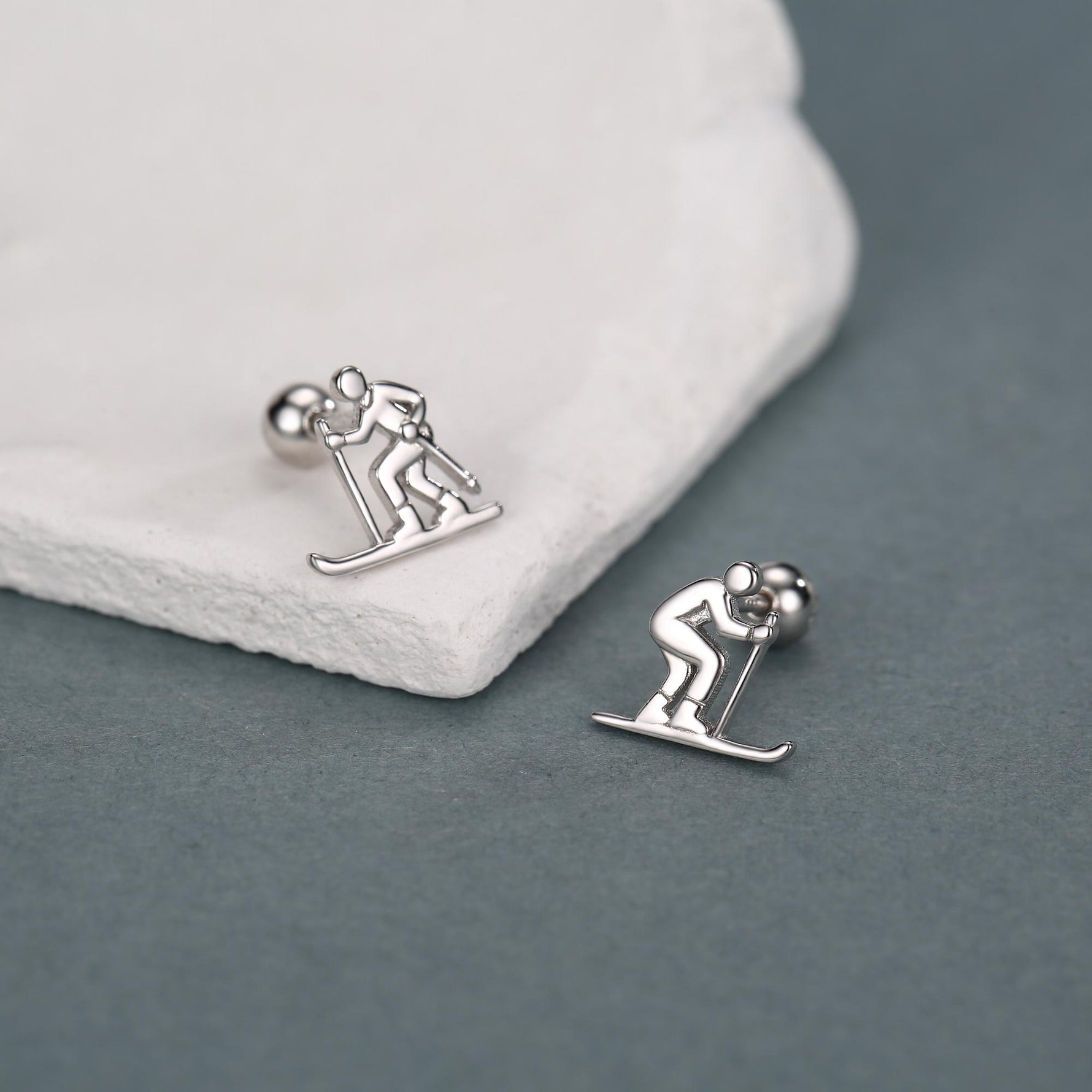 Sterling Silver Skier 18G Screw Back Earrings