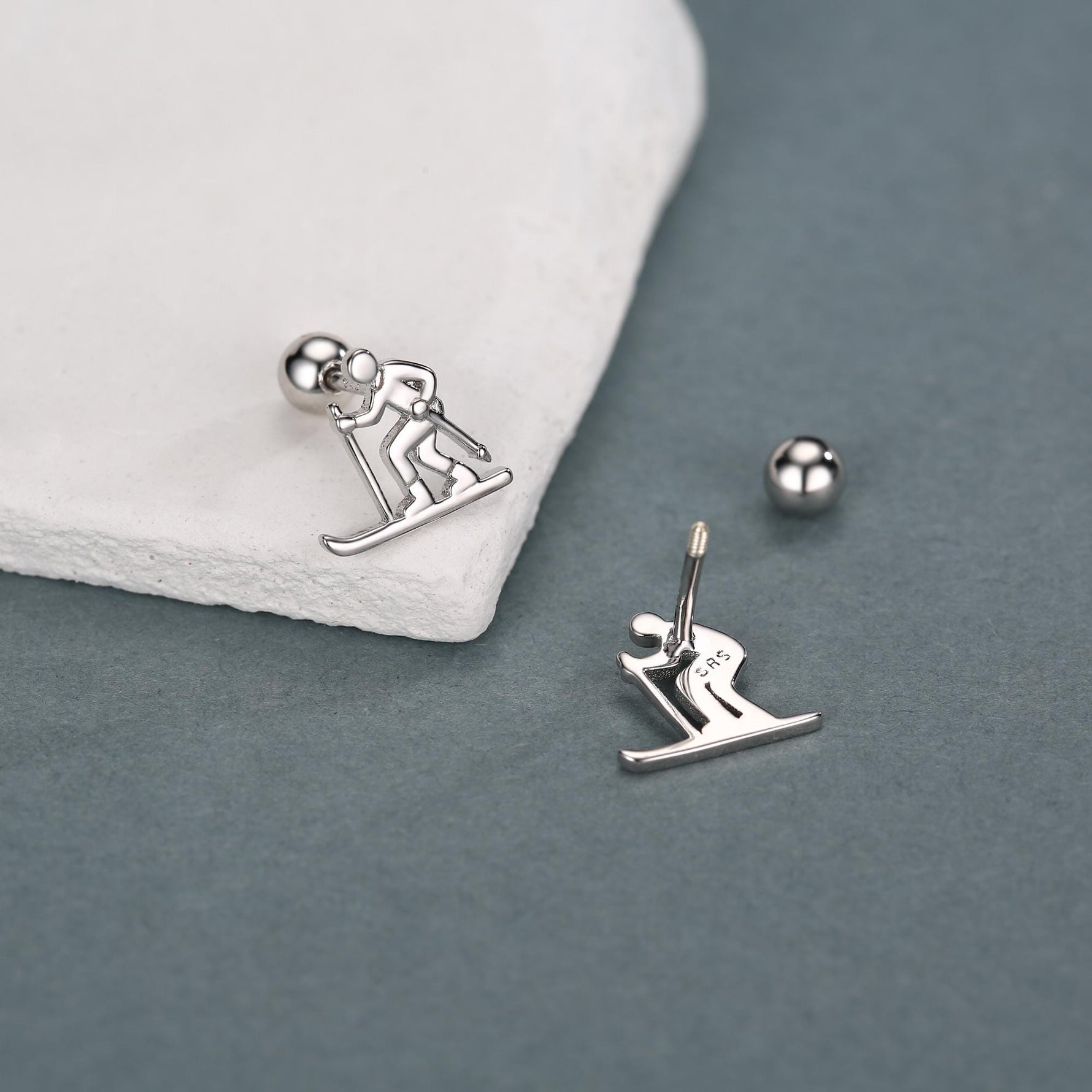 Sterling Silver Skier 18G Screw Back Earrings