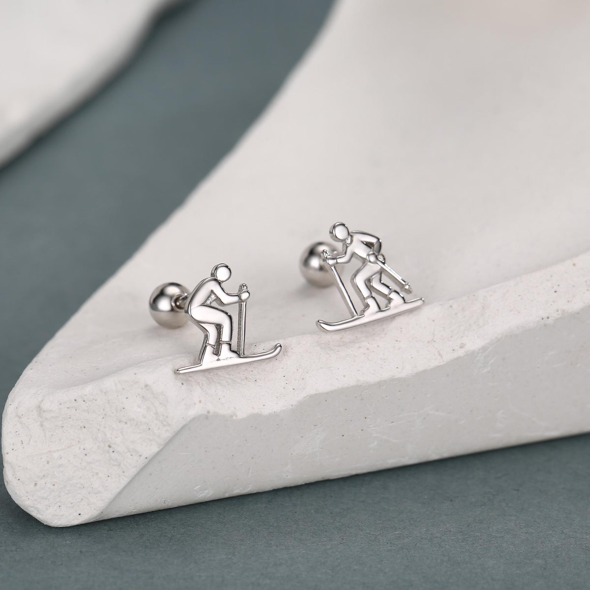 Sterling Silver Skier 18G Screw Back Earrings