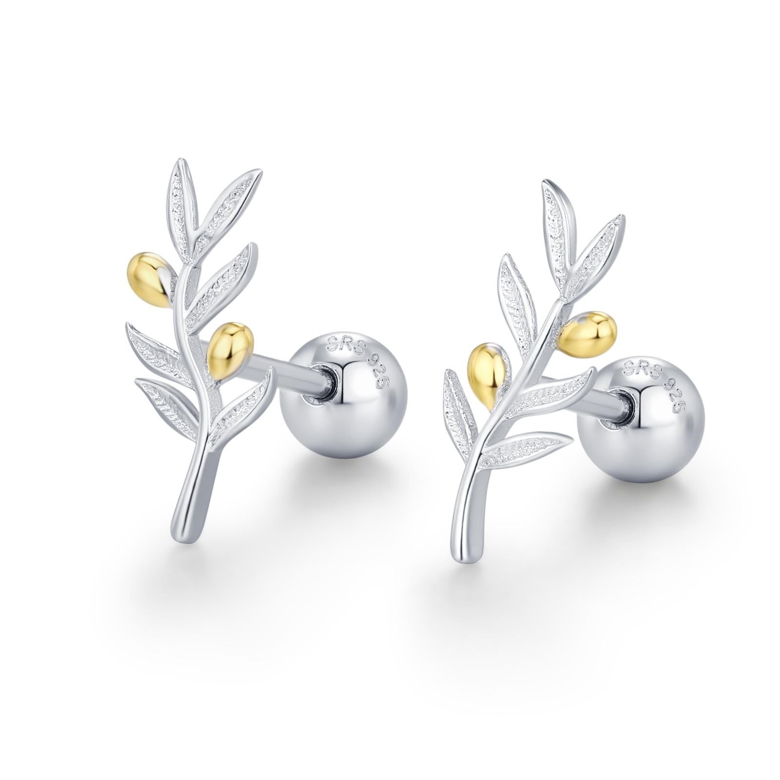 Sterling Silver Olive Branch 18G Screw Back Earrings