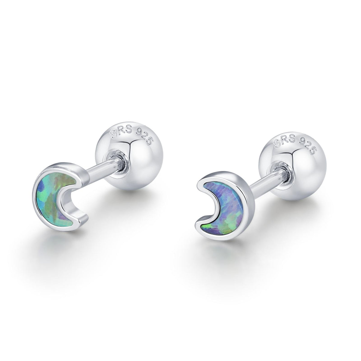 Sterling Silver Blue Lab Opal Moon 18G Screw Back Earrings