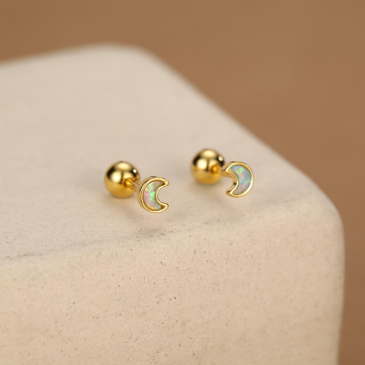 Sterling Silver Blue Lab Opal Moon 18G Screw Back Earrings