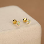 Sterling Silver Blue Lab Opal Moon 18G Screw Back Earrings